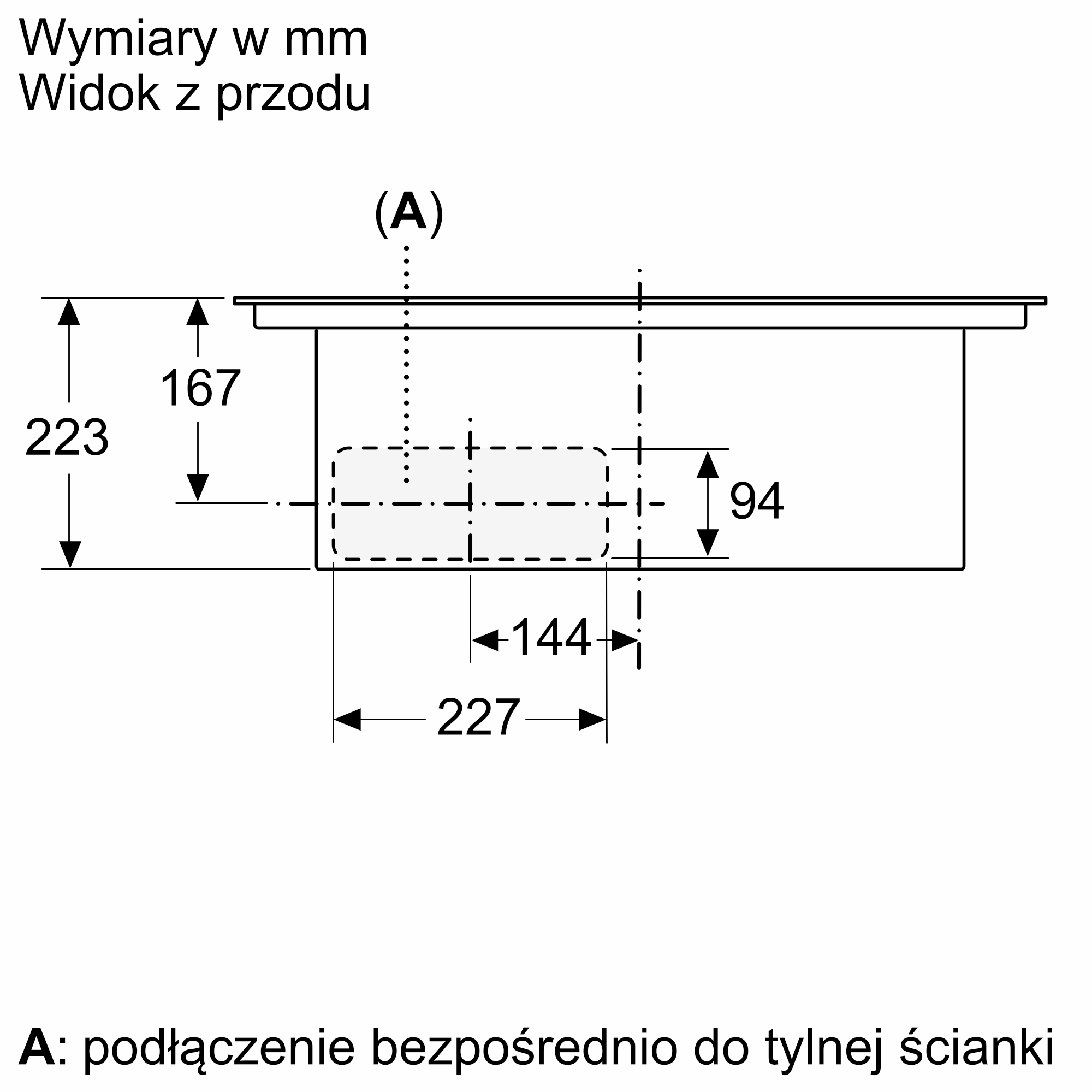 Rysunek techniczny z wymiarami w mm. Prostokąt z pomiarami i notatka o bezpośrednim połączeniu.