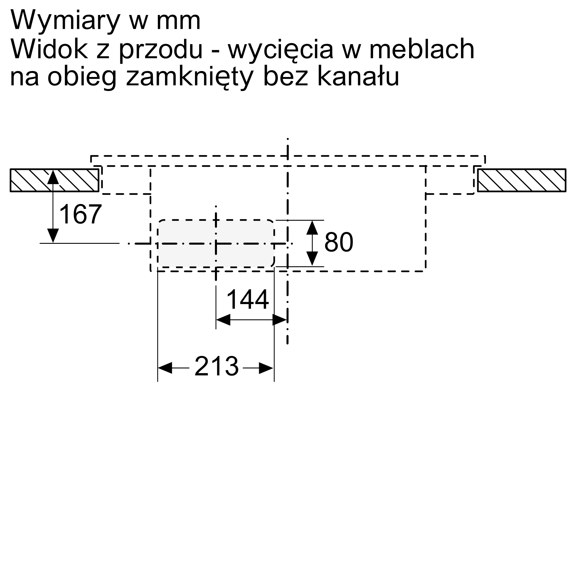 Diagram przedstawiający wymiary w mm. Linie przerywane pokazują wycięcie w szafce. Wymiary: 167, 80, 144 i 213.