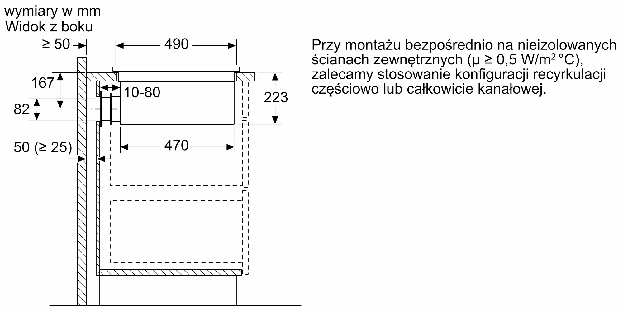 Rysunek techniczny z wymiarami widoku z boku i tekstem w języku polskim.