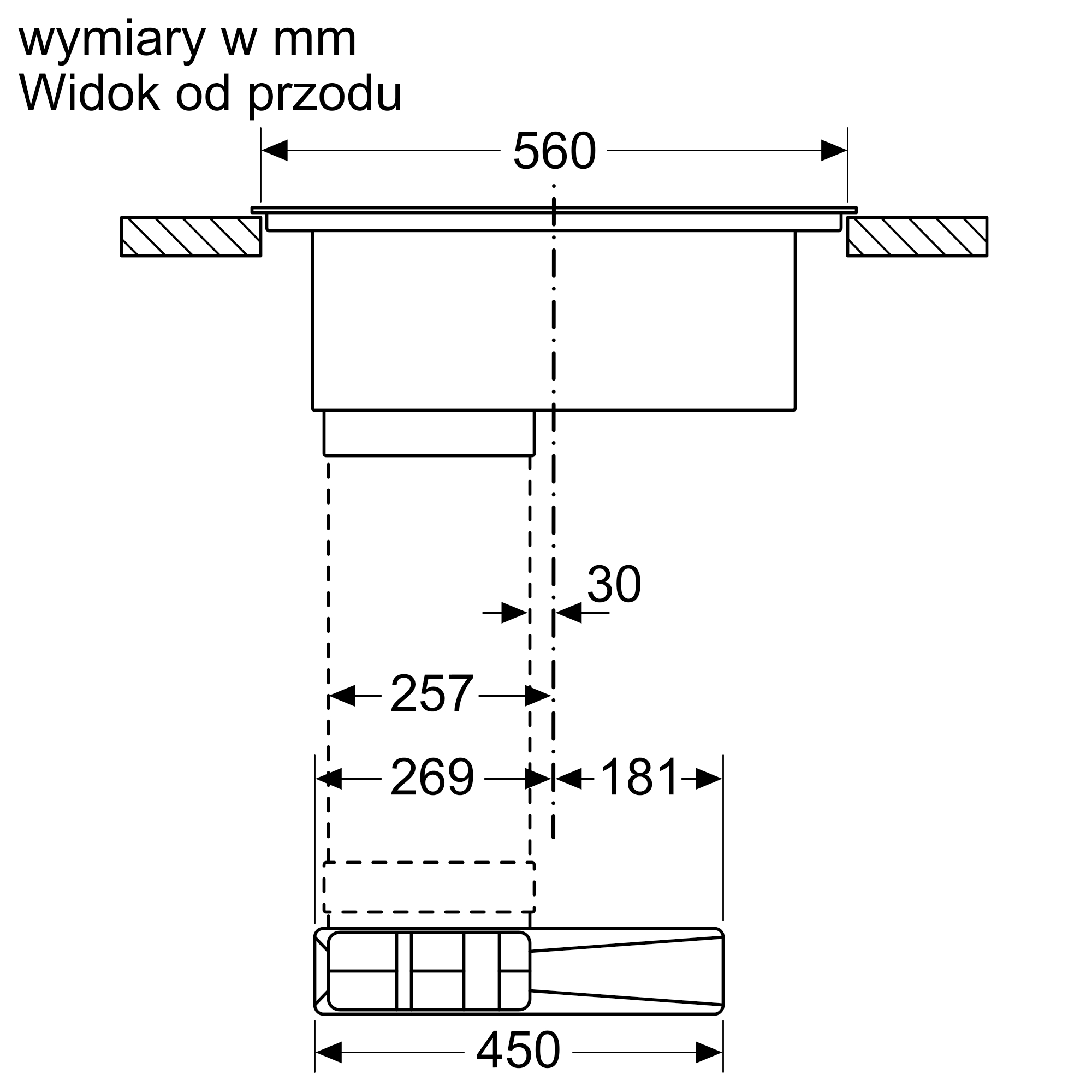 Diagram przedstawiający wymiary urządzenia. Zawiera wymiary w mm z etykietami i strzałkami wskazującymi rozmiary.