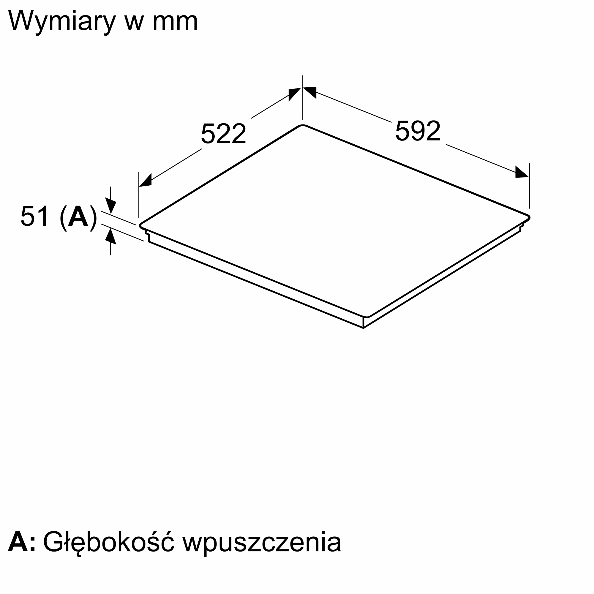 Diagram wymiarów w mm: 522x592x51(A). A to głębokość wpuszczenia. Obraz na białym tle.