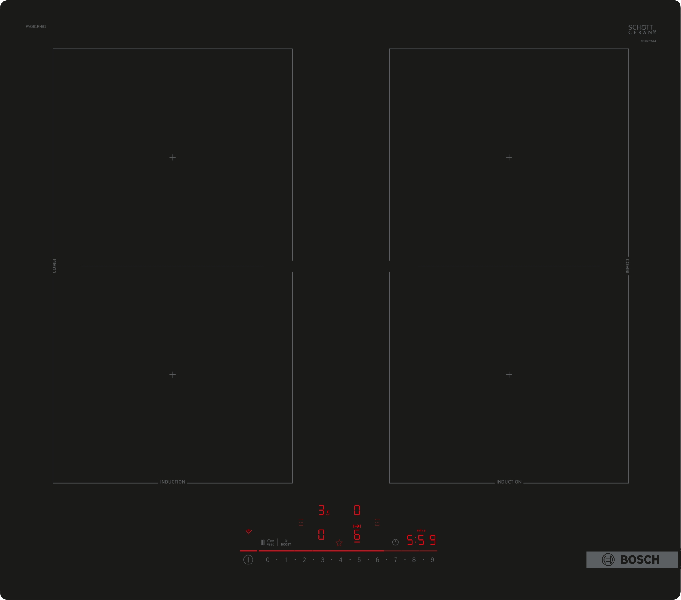 Czarna płyta indukcyjna z czterema strefami gotowania, czerwony wyświetlacz cyfrowy z czasem i ustawieniami mocy. Widoczne logo Bosch.