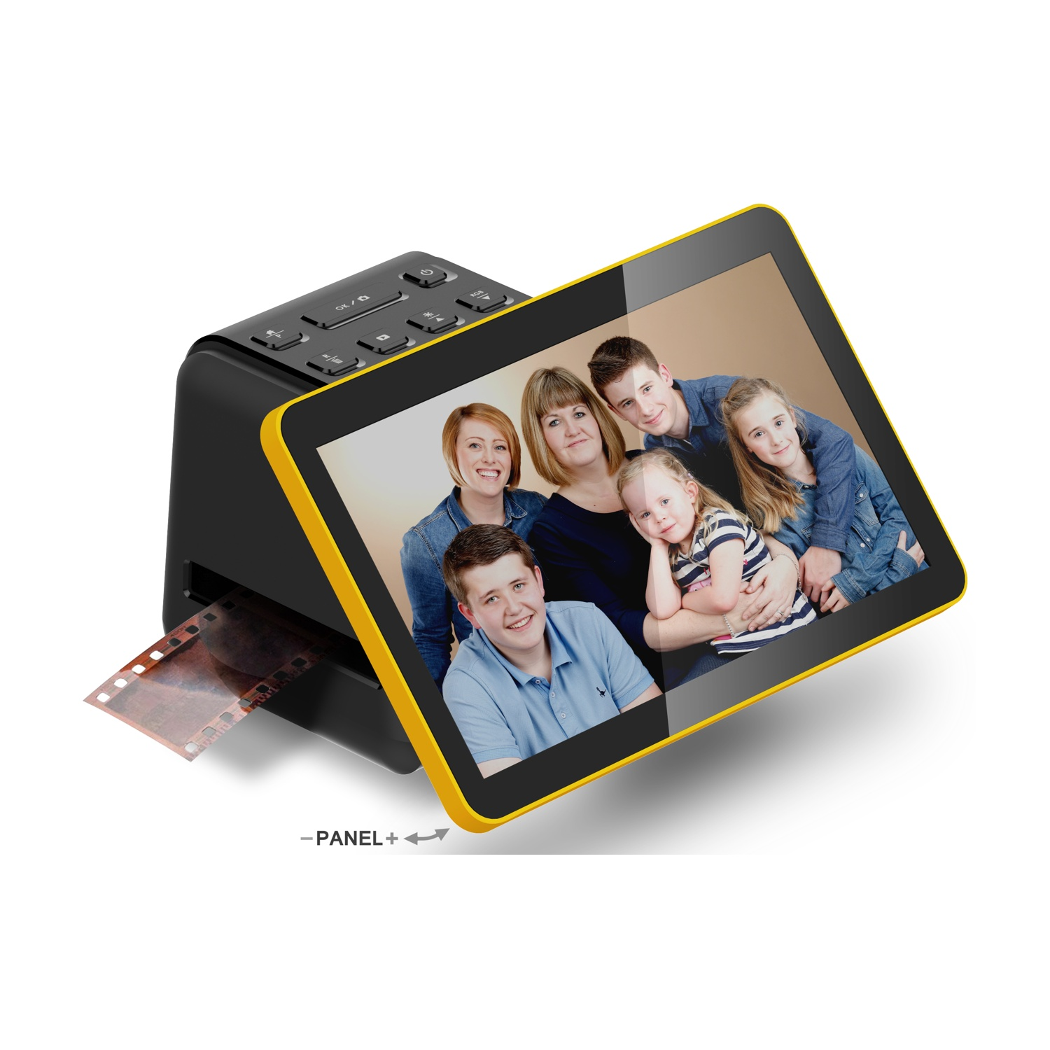 Un dispositivo che mostra una foto di famiglia. Una striscia di pellicola esce dal dispositivo. Il dispositivo è nero e giallo.