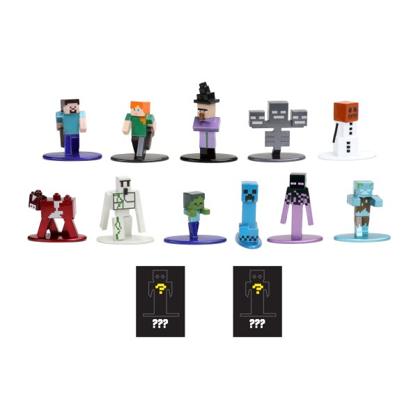 Eine Sammlung von Minecraft-Charakterfiguren, darunter Steve, Alex, eine Hexe und andere. Es gibt auch zwei Mystery-Karten.