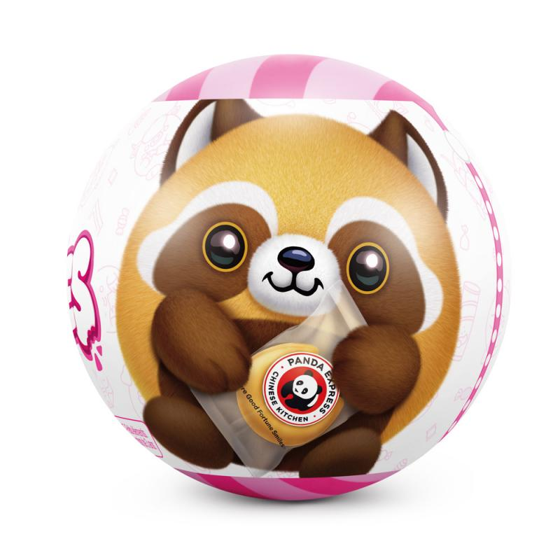 Ein Cartoon-Roter Panda hält einen Panda Express Glückskeks. Der Panda befindet sich in einem rosa und weiß gemusterten Ball.
