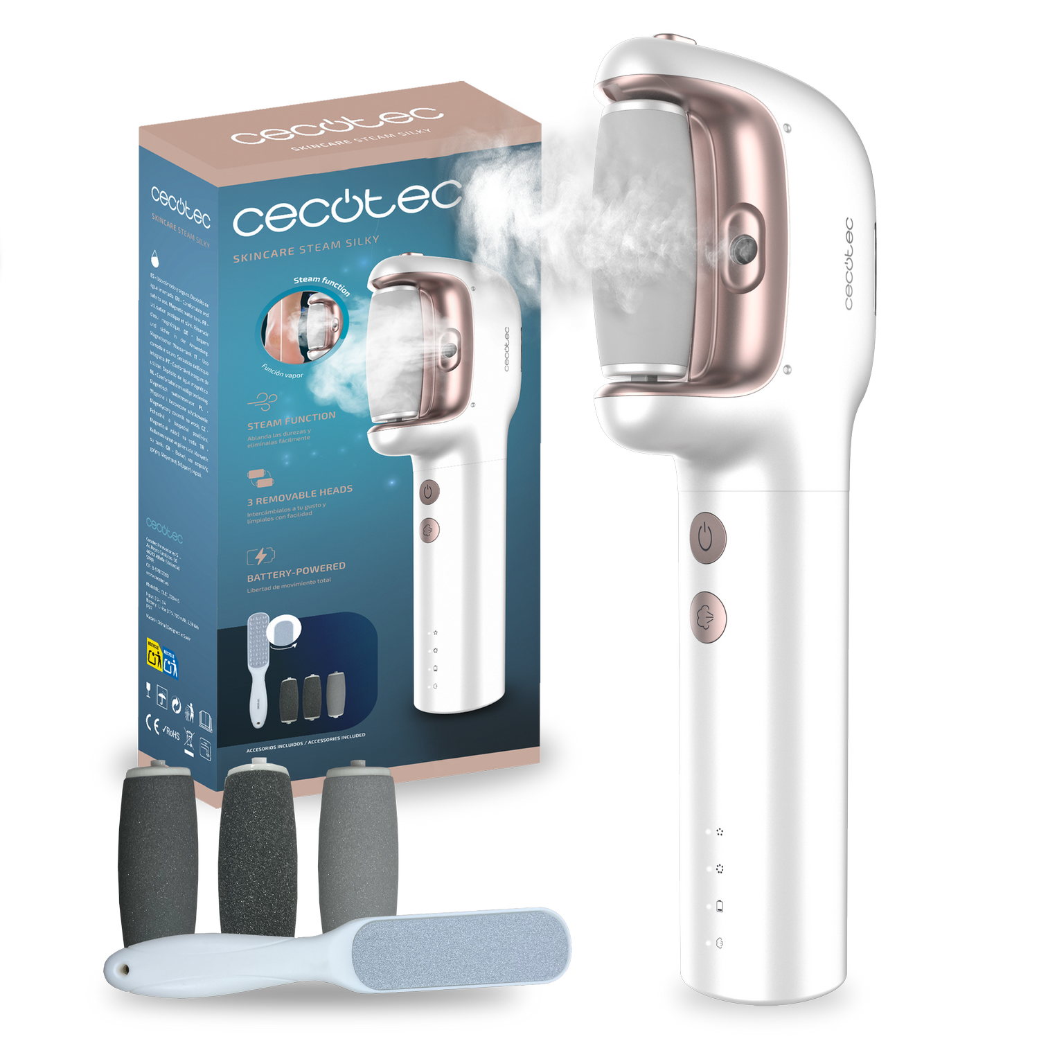 Un vaporizador de pies blanco y oro rosa con accesorios. Se muestran la caja y los accesorios. Sale vapor de la cabeza.