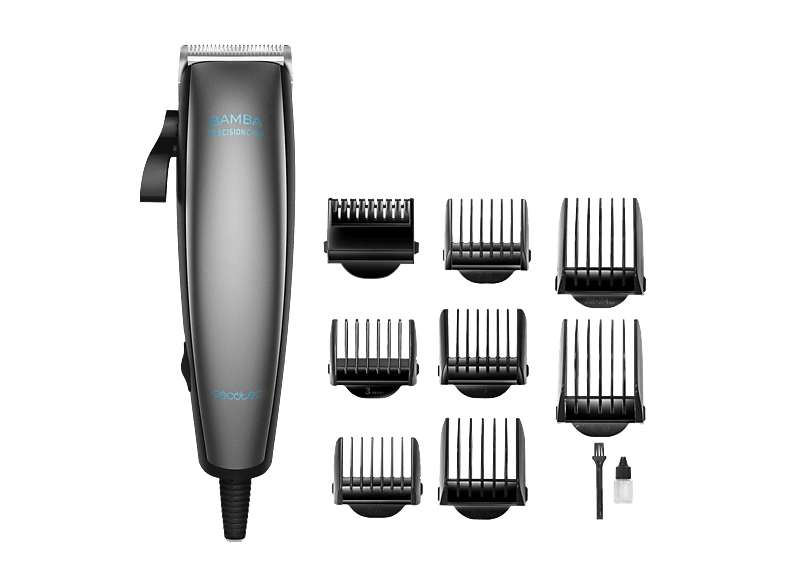 Cortapelos - Cecotec PrecisionCare Power Blade Titanium, 7 peines guía, Accesorios incluidos, Con cable, Cuchillas acero inoxidable, Gris
