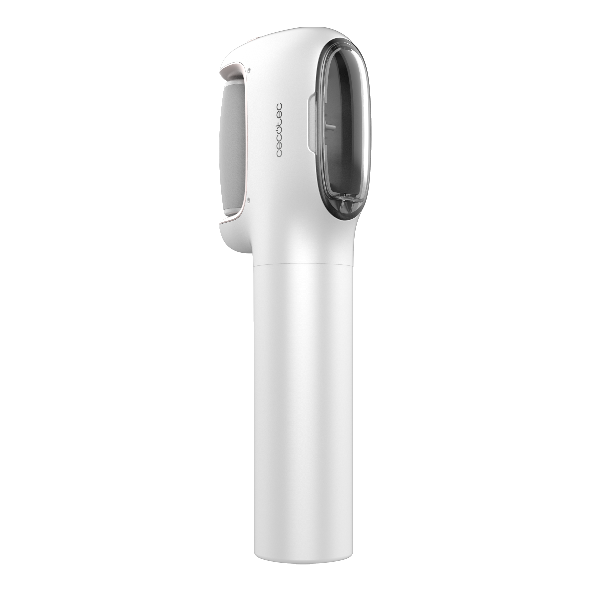 Un dispositivo portátil blanco y moderno con una sección transparente. La marca 'cecotec' es visible.