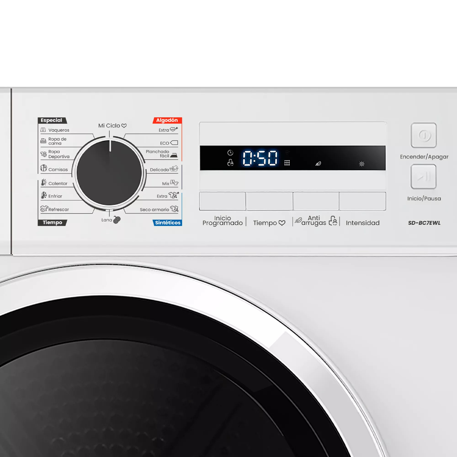 Panel de control de lavadora blanco con pantalla digital 0:50, selector de ciclo y botones de encendido/apagado e inicio/pausa.