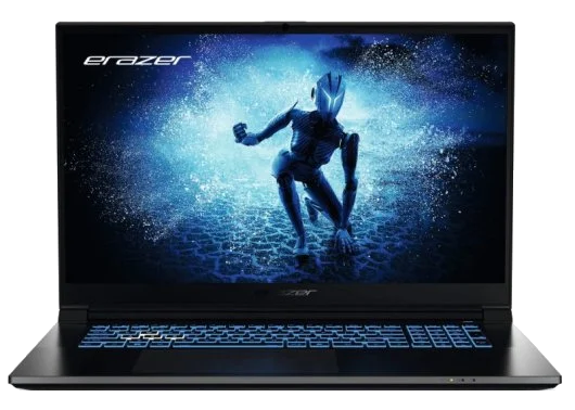 Laptop con teclado retroiluminado azul. Pantalla muestra figura futurista azul, logo 'erazer' arriba.