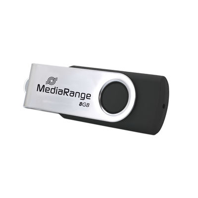 Egy USB-meghajtó ezüst tetejével és fekete testtel. Az ezüst részén a MediaRange logó és a 8GB felirat látható.