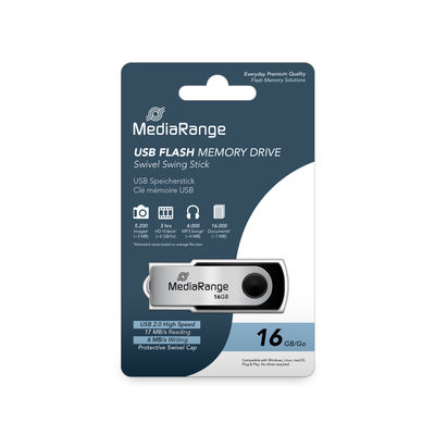 Egy MediaRange USB flash meghajtó a csomagolásban. Az egység ezüst és fekete. A csomagolás kék és fehér, termékinfóval.