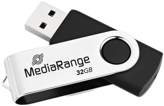 Egy ezüst és fekete USB flash meghajtó 'MediaRange 32GB' logóval. Az USB csatlakozó ezüst.