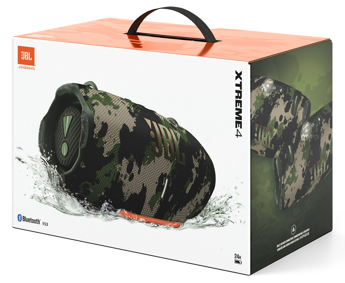 Pudełko głośnika JBL Xtreme 4. Głośnik jest w kamuflażu. Rozprysk wody. Pudełko ma uchwyt i tekst XTREME4. Widoczne logo JBL.