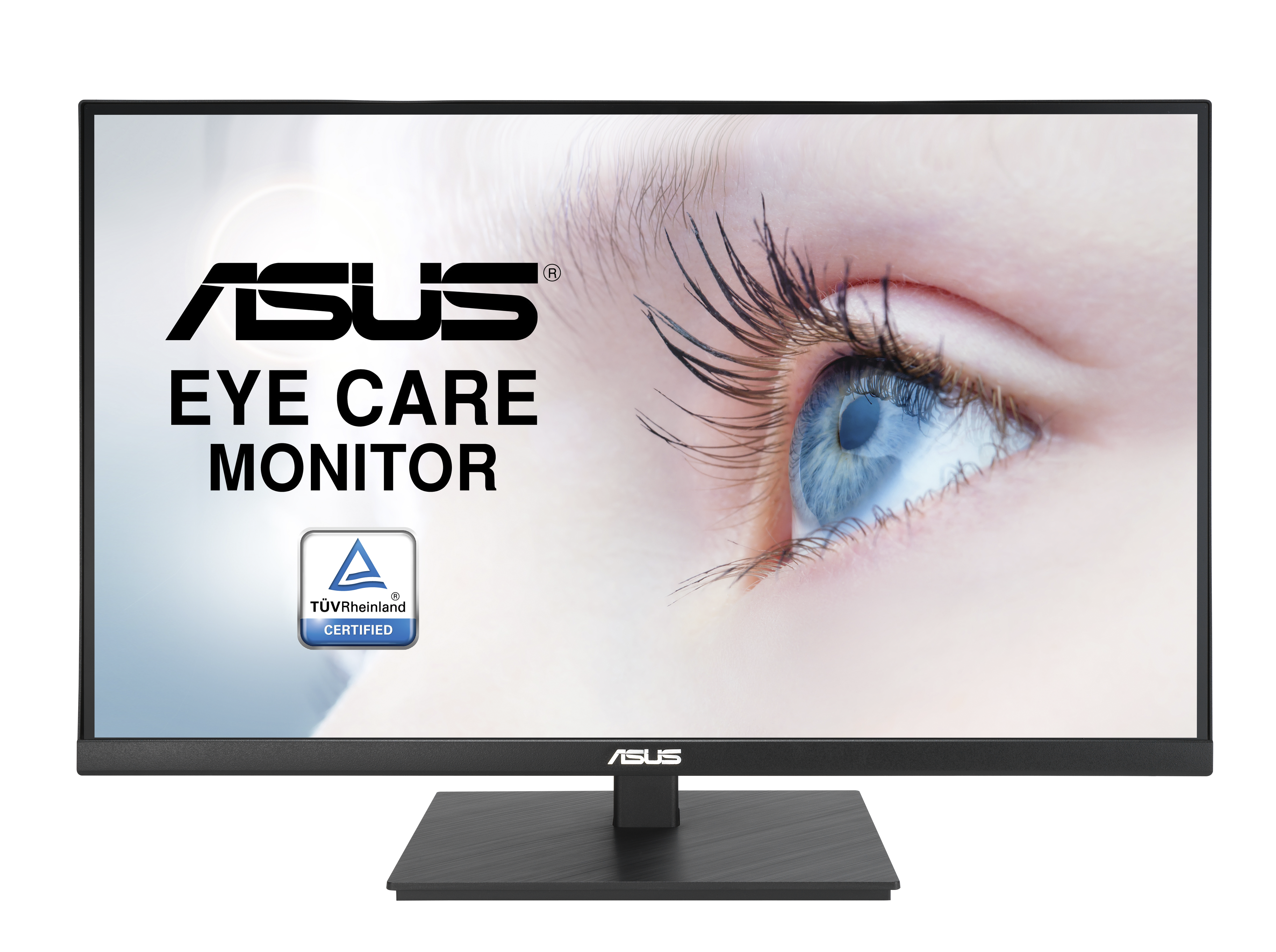 Monitor ASUS Eye Care. Ekran wyświetla zbliżenie niebieskiego oka. Monitor ma czarną ramkę i podstawę.