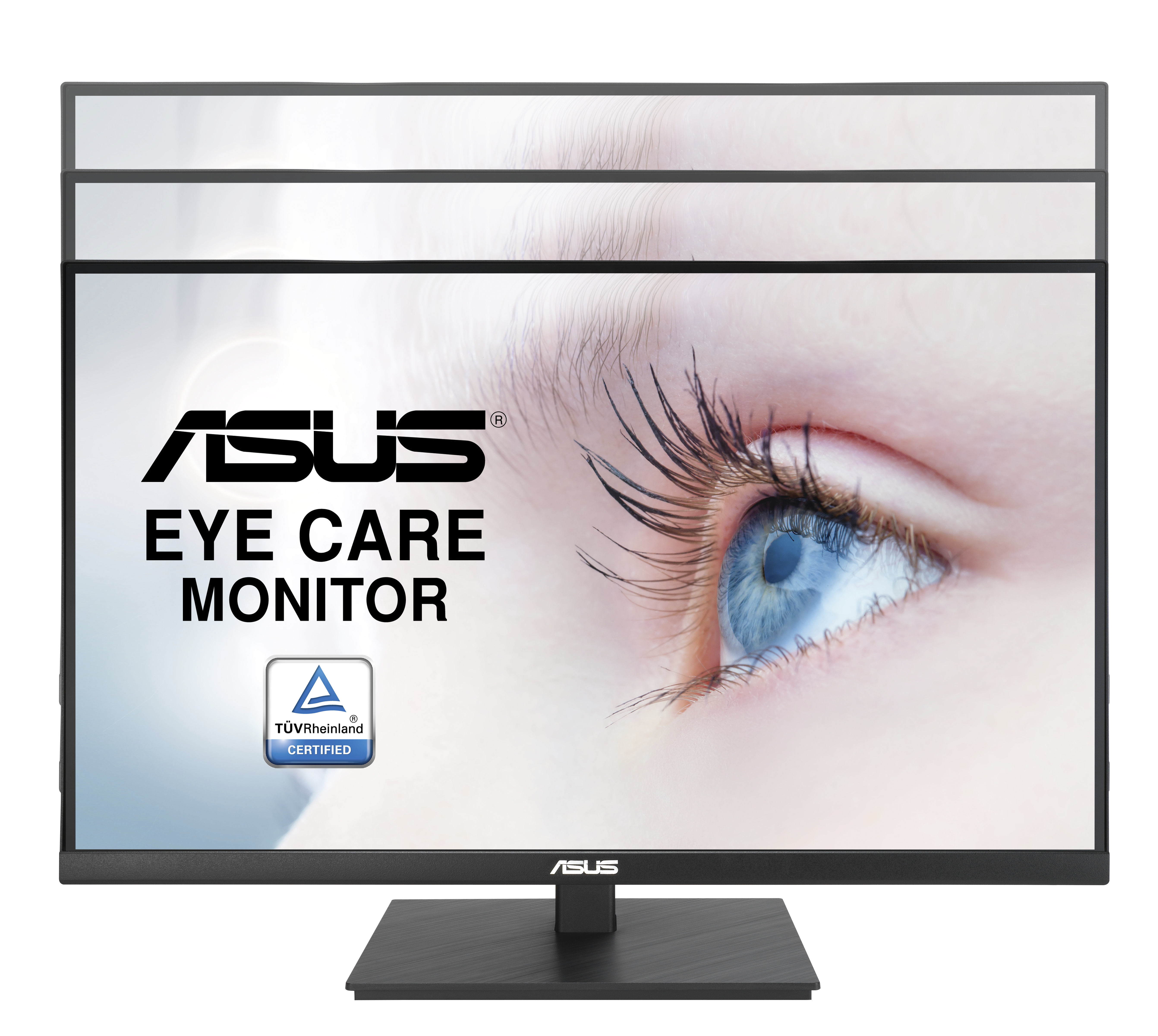 Monitor ASUS Eye Care wyświetla zbliżenie niebieskiego oka. Monitor ma czarną ramkę i podstawę. Widoczne jest logo ASUS.