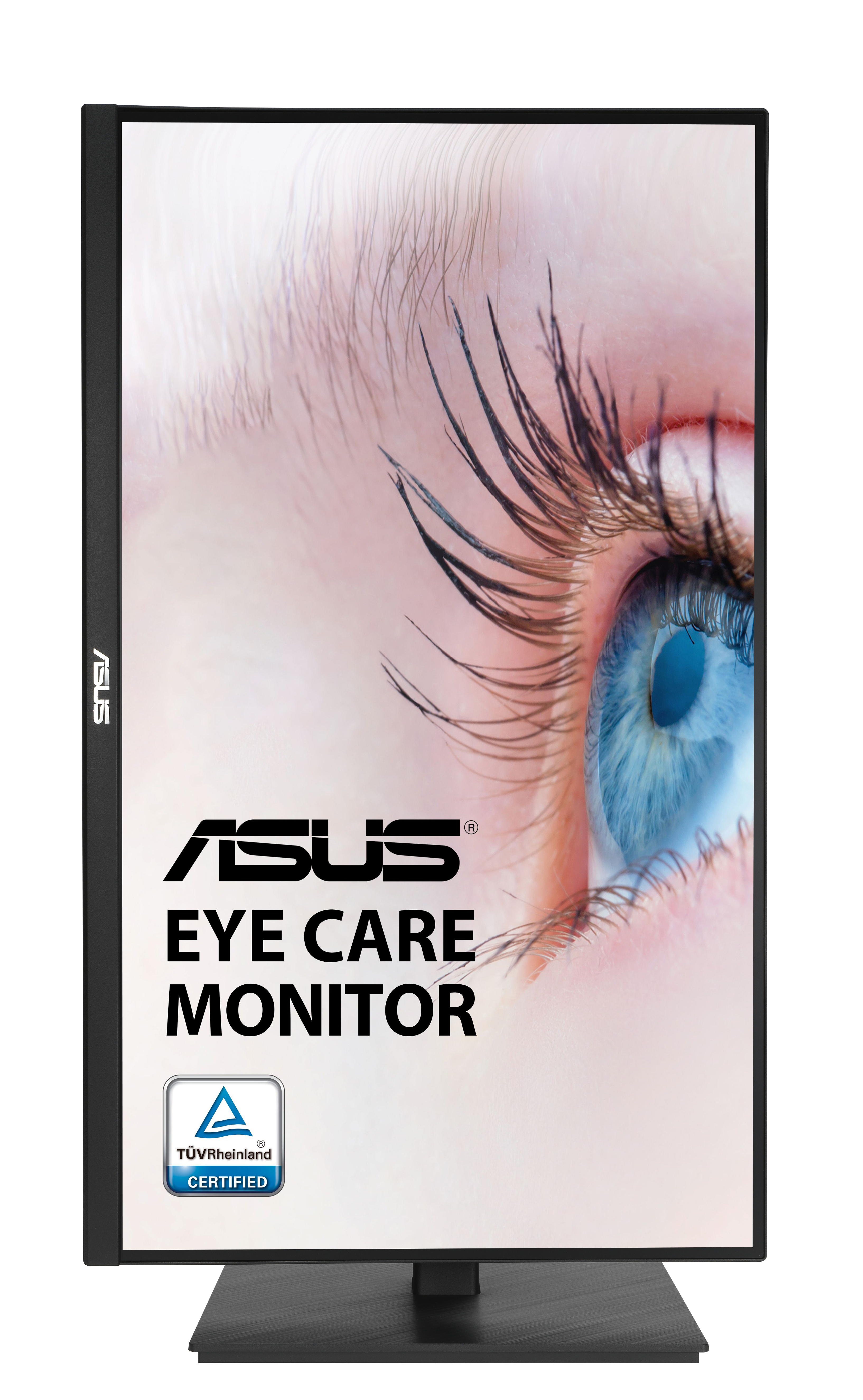 Ekran monitora ASUS z zbliżeniem oka. Oko jest niebieskie. Tekst: ASUS EYE CARE MONITOR. TÜV Rheinland CERTYFIKOWANY.