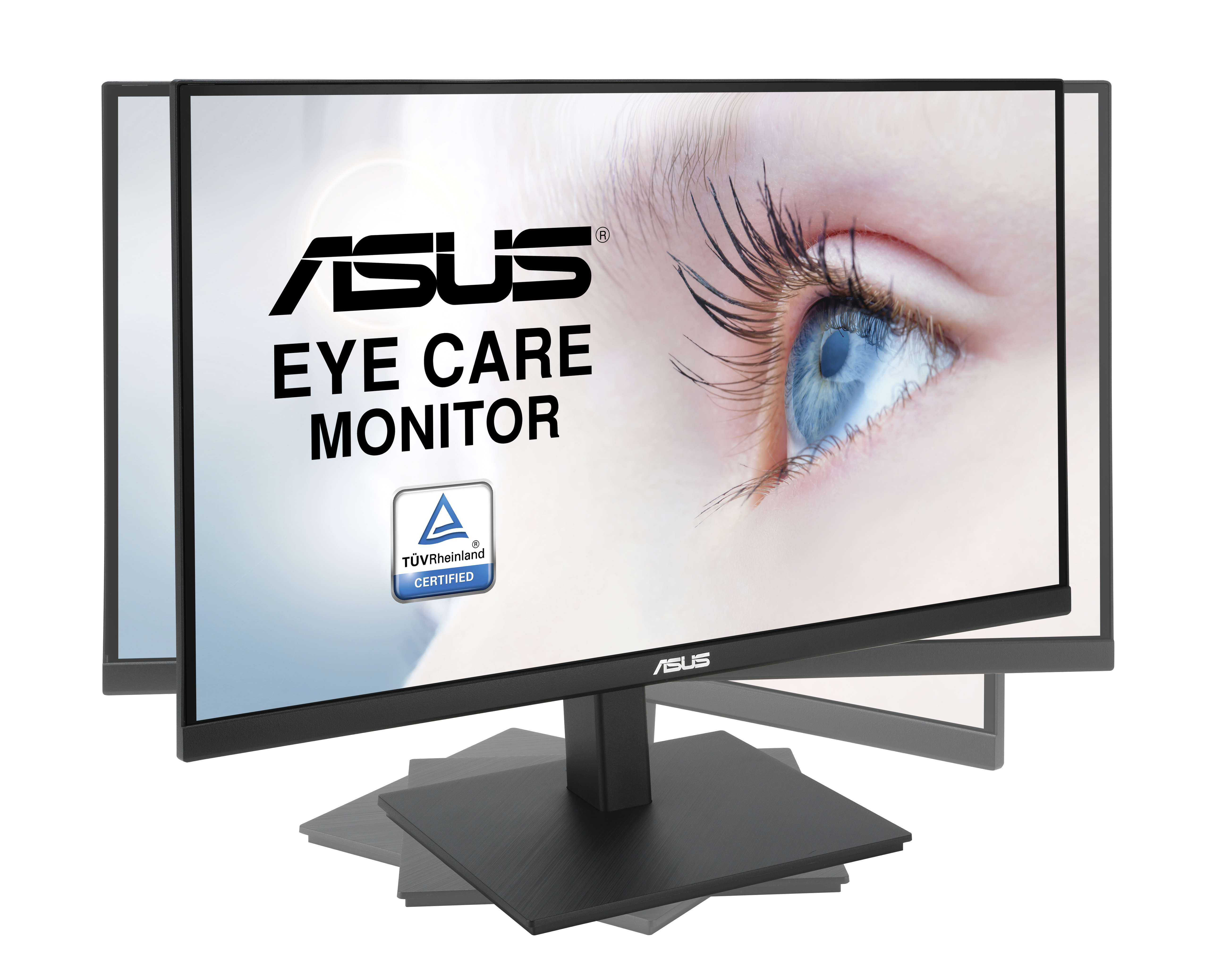 Monitor ASUS Eye Care z obrazem oka. Ma czarną podstawę, a ekran wyświetla logo i tekst ASUS.