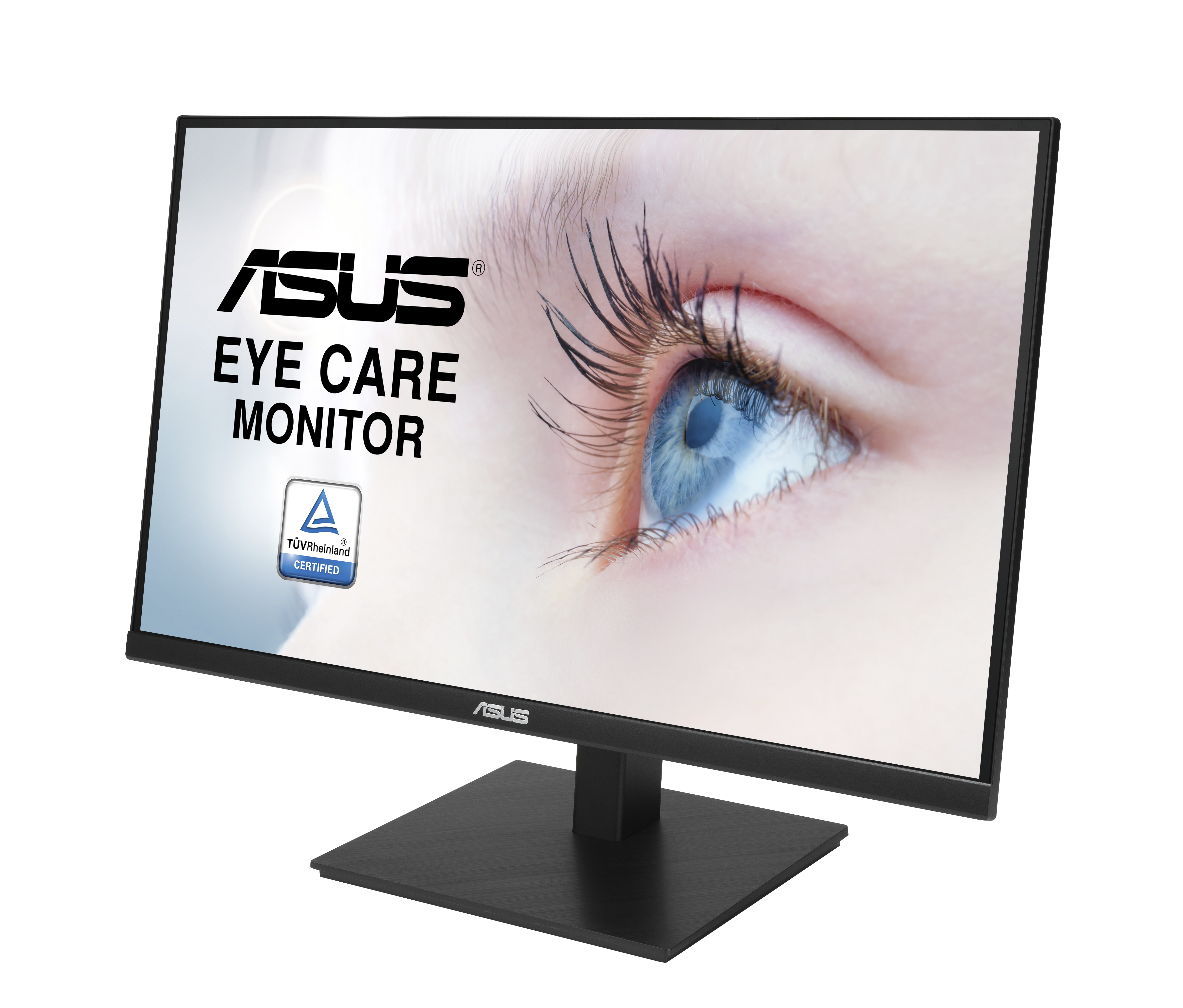 Monitor ASUS do pielęgnacji oczu. Ekran wyświetla zbliżenie niebieskiego oka. Podstawa i ramka są czarne.