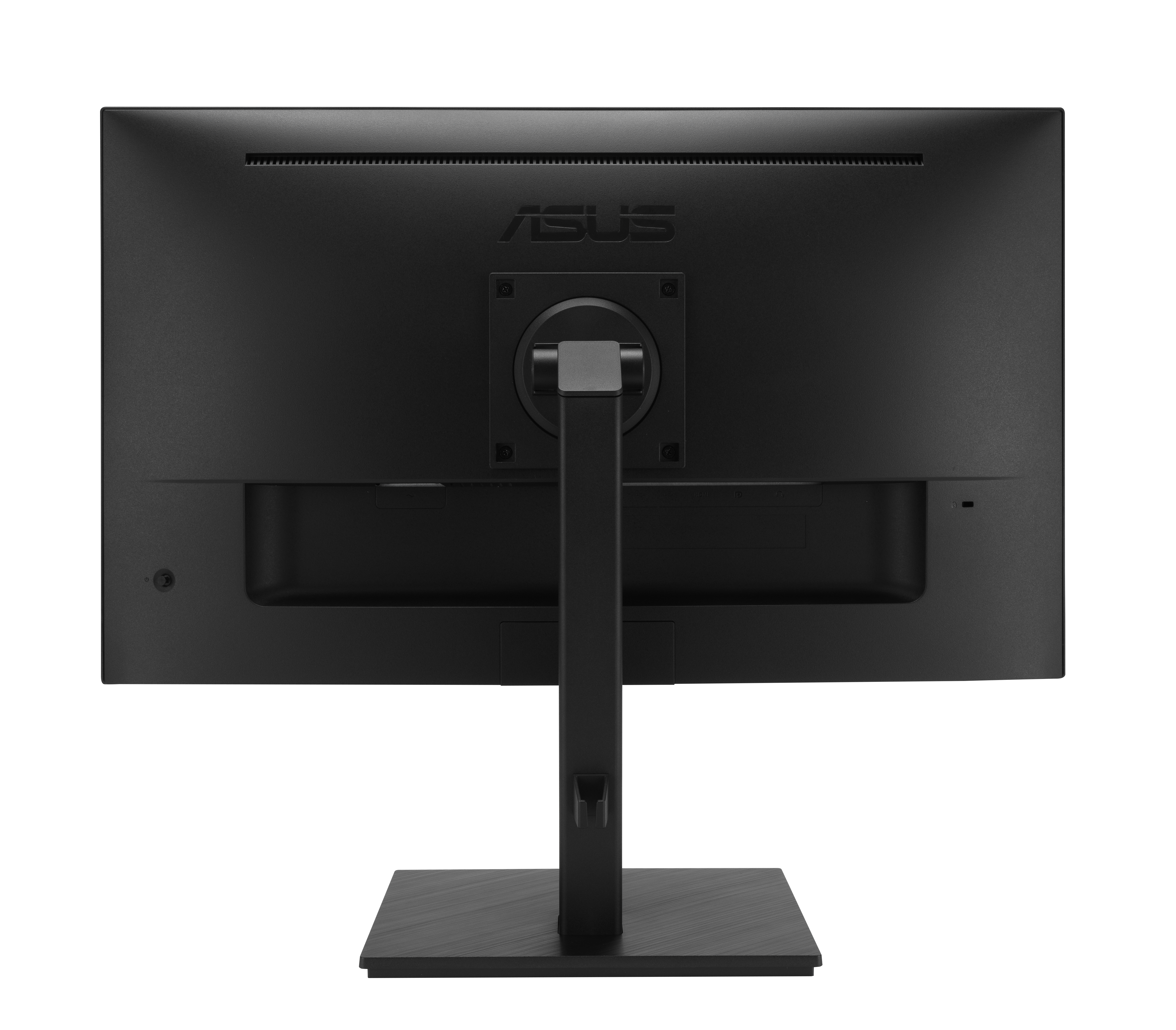Tył czarnego monitora komputerowego ze stojakiem. Widoczne logo ASUS. Monitor jest na białym tle.