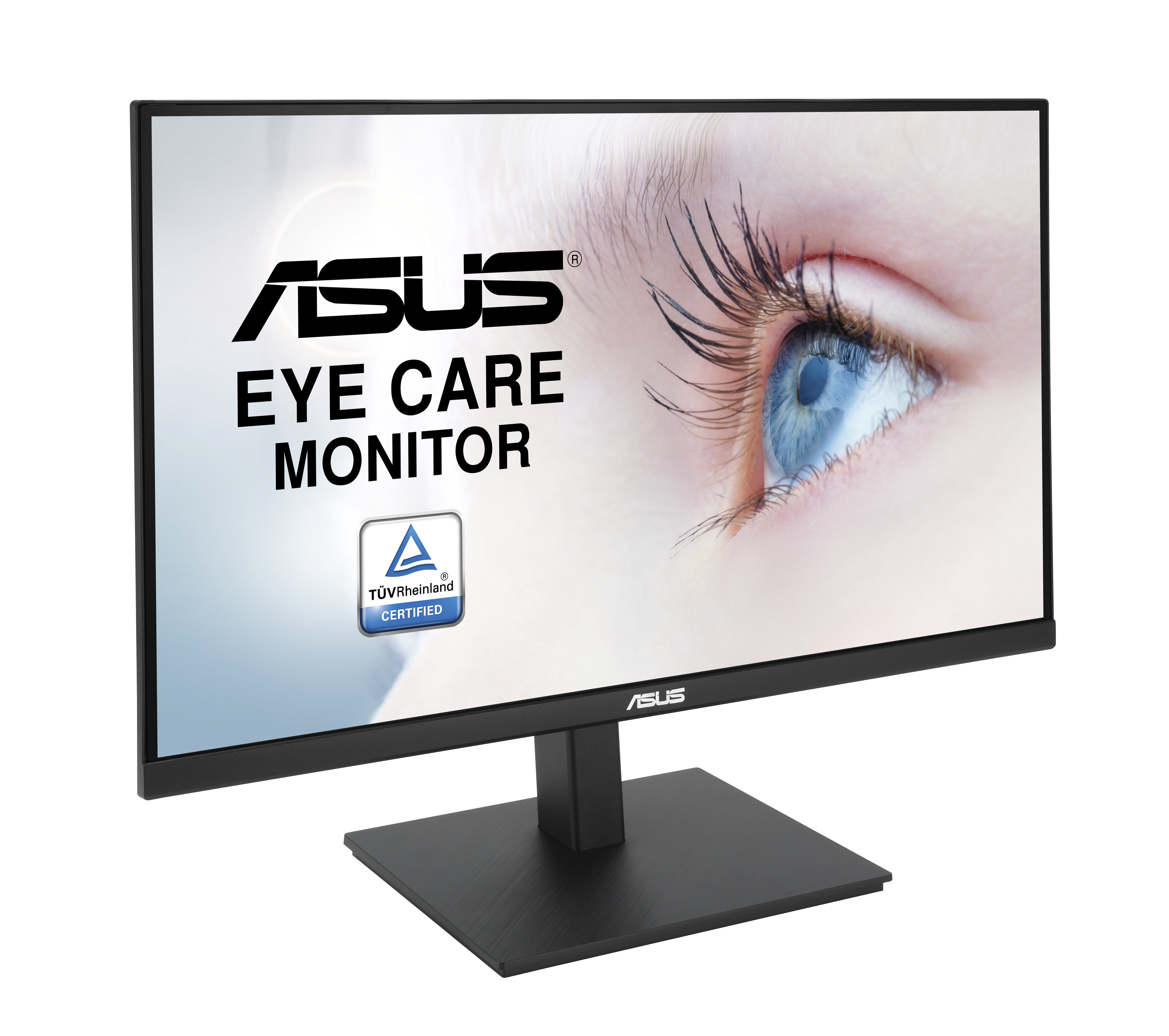 Monitor ASUS Eye Care. Ekran pokazuje niebieskie oko. Monitor jest czarny i stoi na czarnej kwadratowej podstawie.