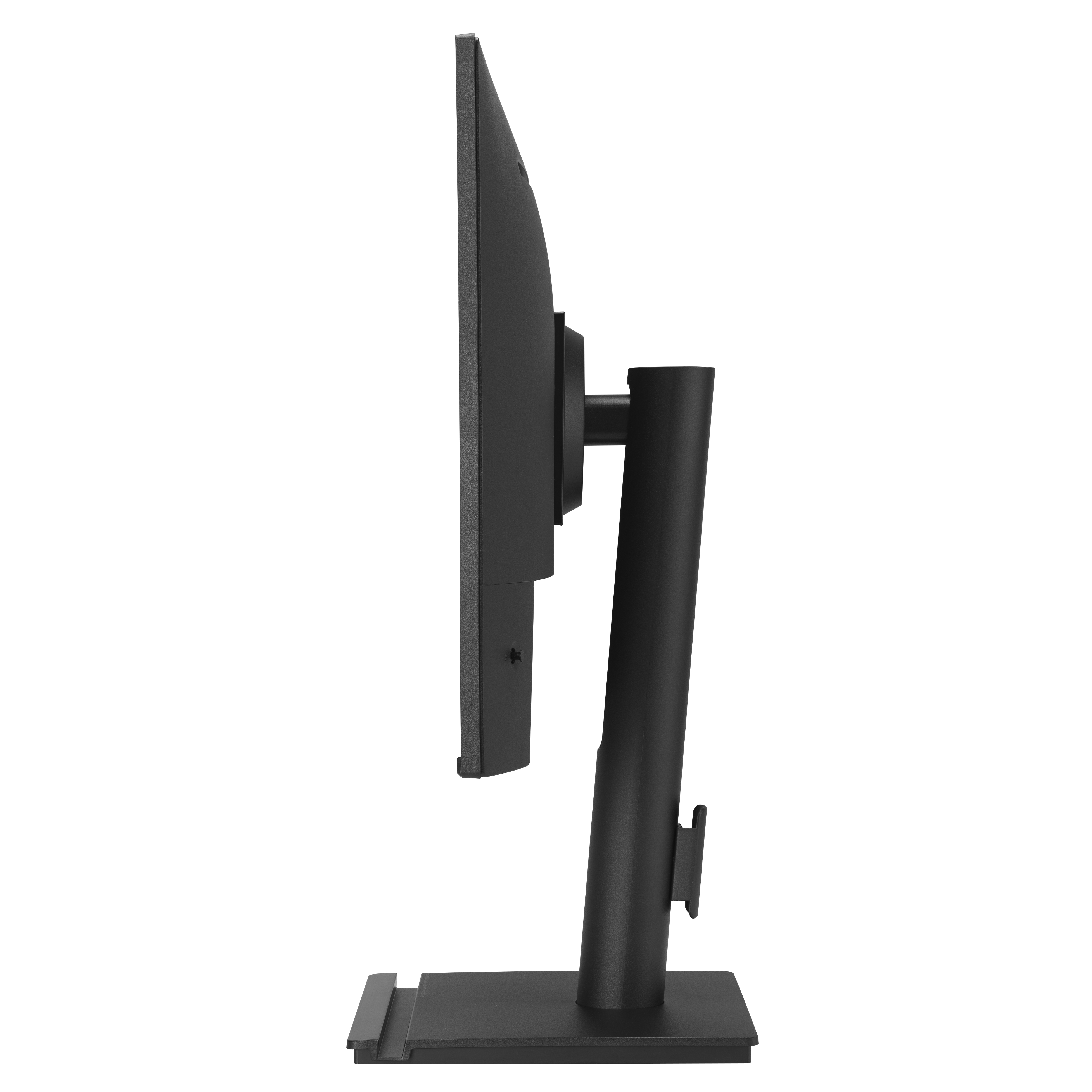 Seitenansicht eines schwarzen Computermonitors. Er hat einen Ständer und befindet sich vor weißem Hintergrund.