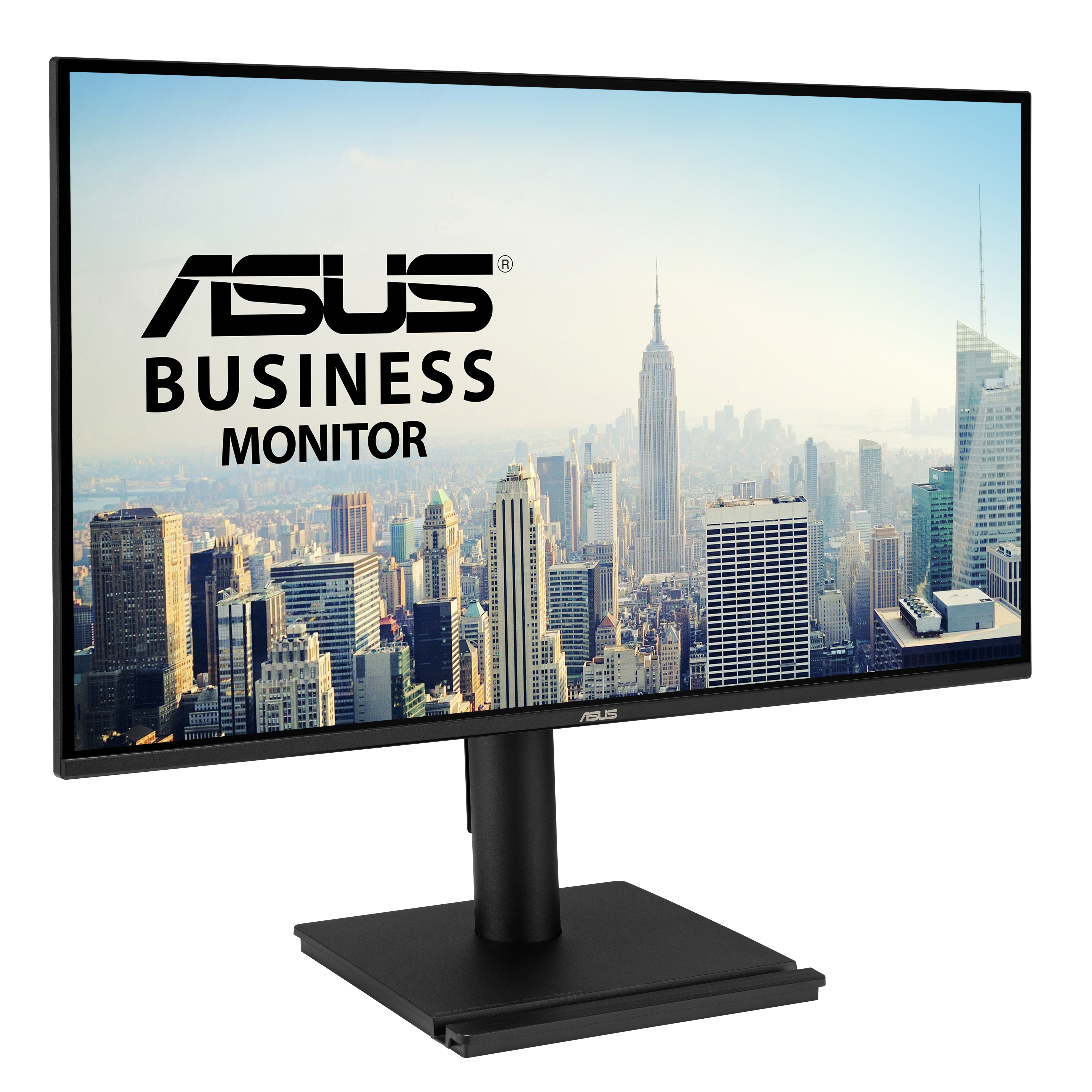 ASUS Business Monitor zeigt eine Stadtlandschaft. Der Bildschirm zeigt das ASUS-Logo. Schwarzer Monitor auf schwarzem Ständer.
