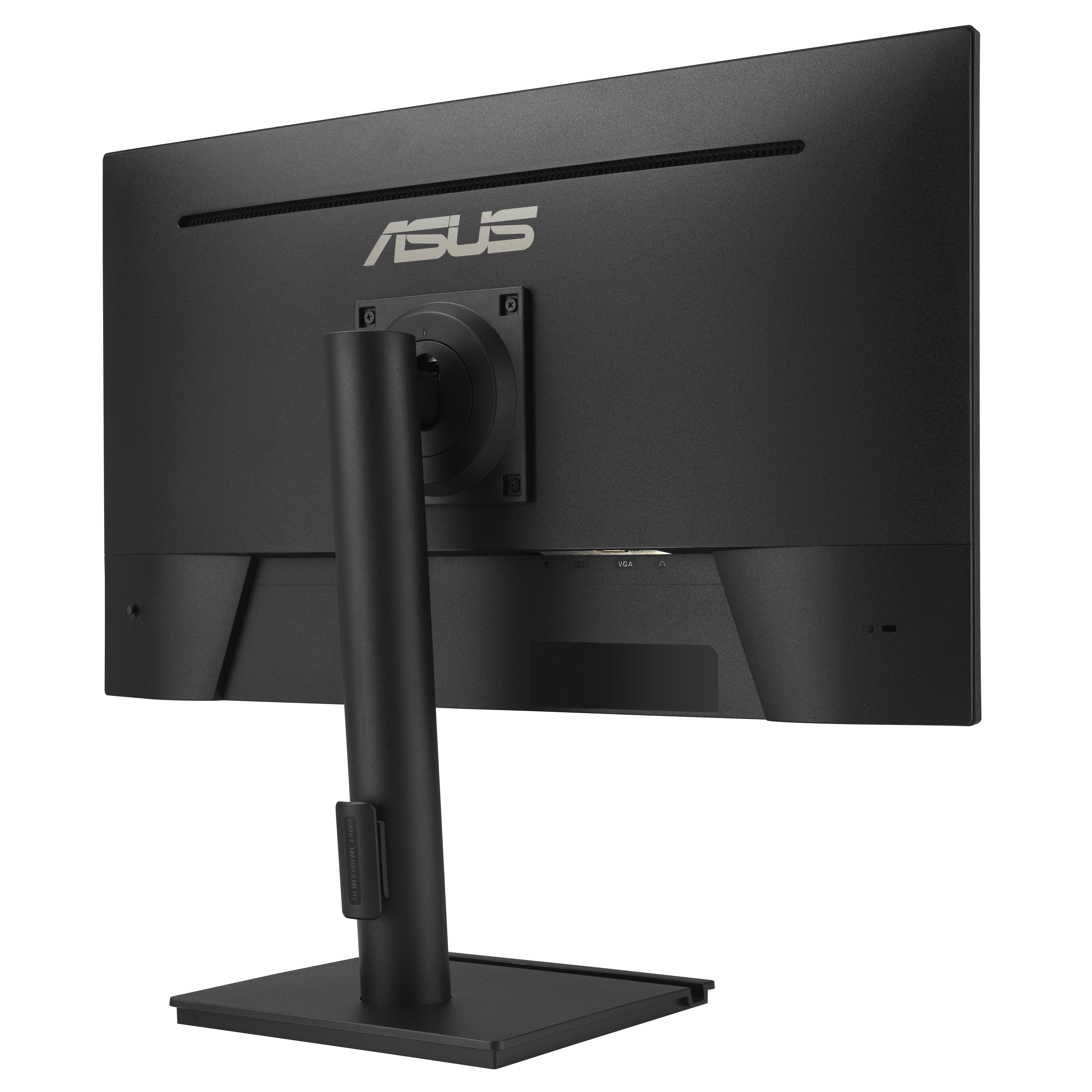 Rückansicht eines schwarzen ASUS-Computermonitors, mit Ständer, Anschlüssen und dem ASUS-Logo.