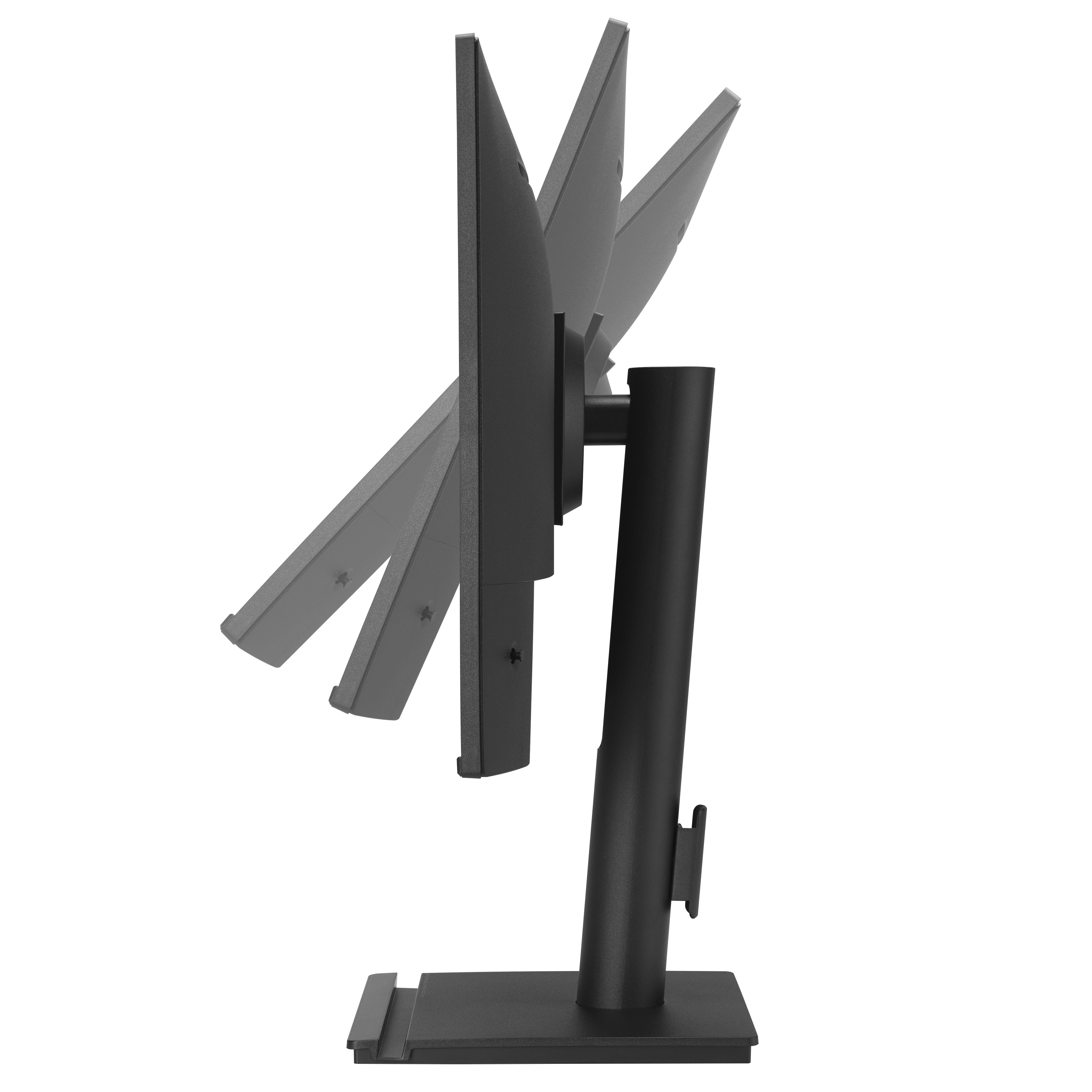 Schwarzer Computermonitor mit einstellbaren Bildschirmwinkeln. Er steht auf einem schwarzen Ständer. Der Hintergrund ist weiß.