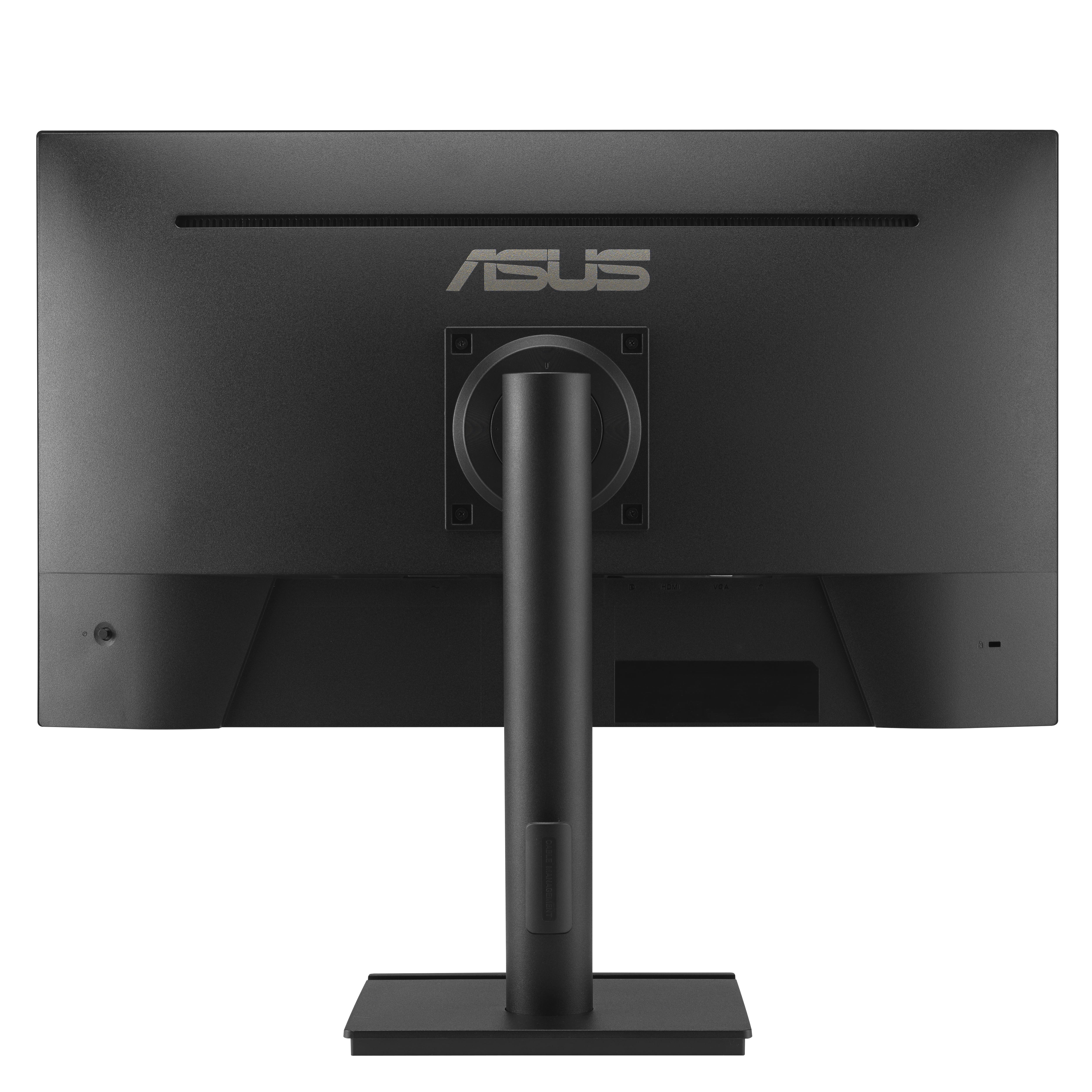 Rückansicht eines schwarzen ASUS-Monitors mit Ständer und Logo. Der Hintergrund ist weiß.
