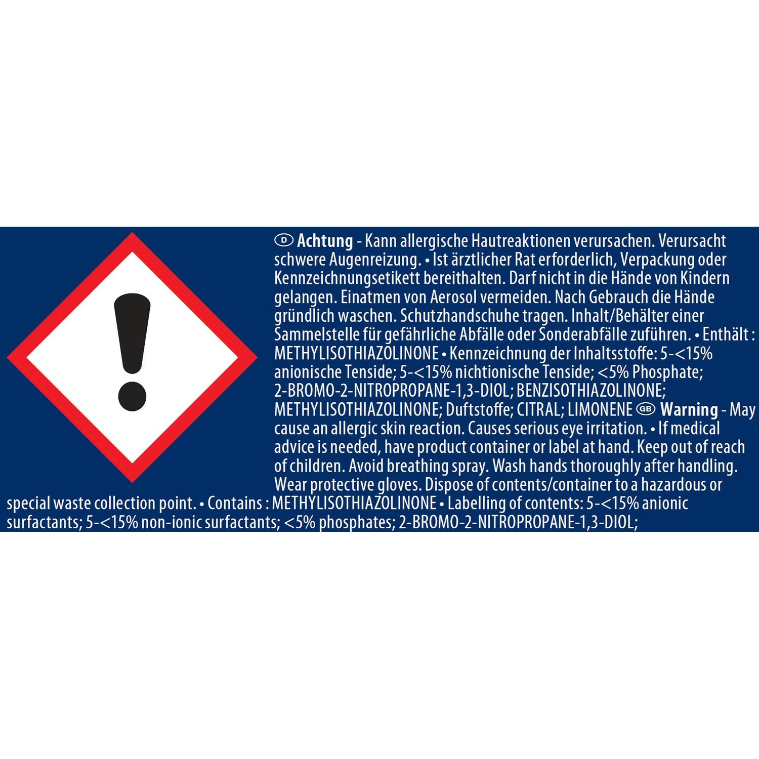 Étiquette d'avertissement avec point d'exclamation dans un losange rouge. Texte avertit des allergies et des irritations oculaires.