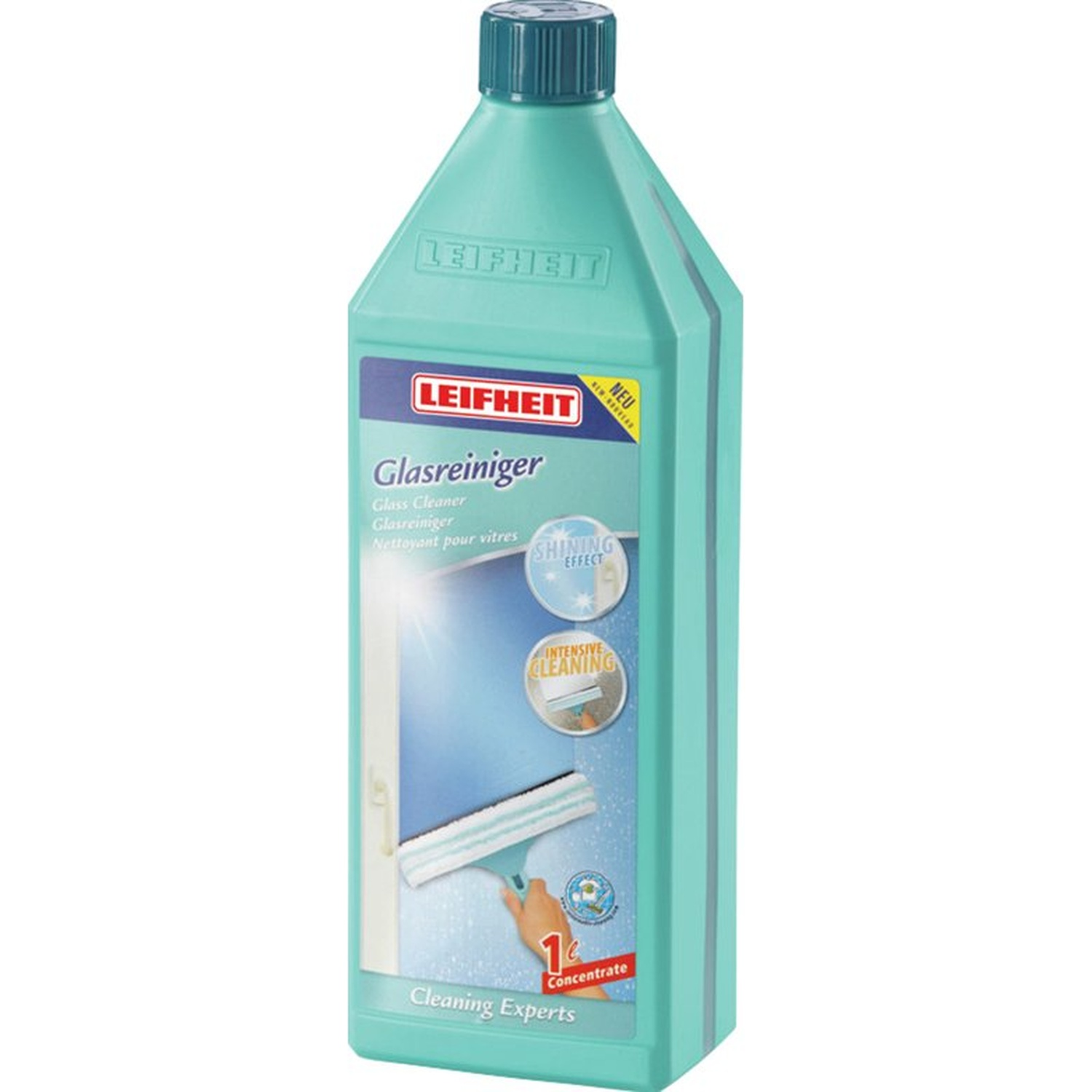 Une bouteille de nettoyant pour vitres Leifheit turquoise. Elle a un bouchon vert foncé. L'étiquette montre une fenêtre nettoyée avec une raclette.