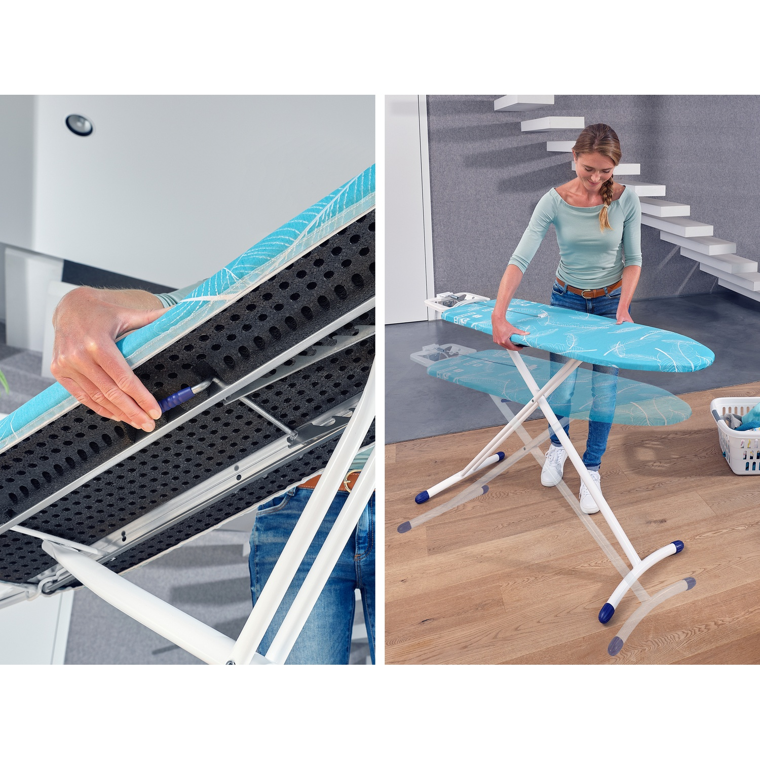 Une femme installe une planche à repasser turquoise. La planche repose sur un cadre blanc sur un sol en bois. Un panier de vêtements est à proximité.