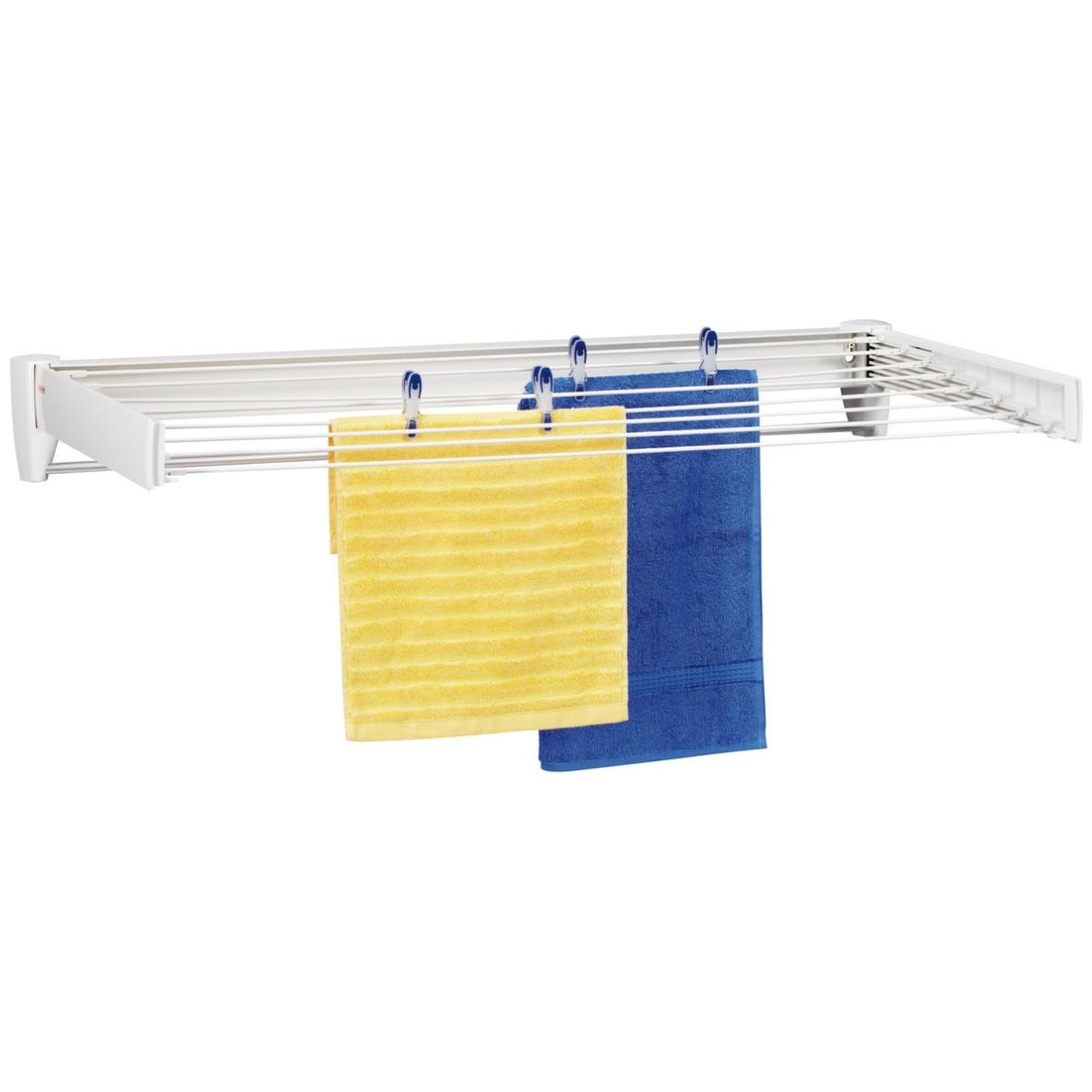Un étendoir mural avec des serviettes jaunes et bleues suspendues. Le séchoir est blanc avec plusieurs barres métalliques.