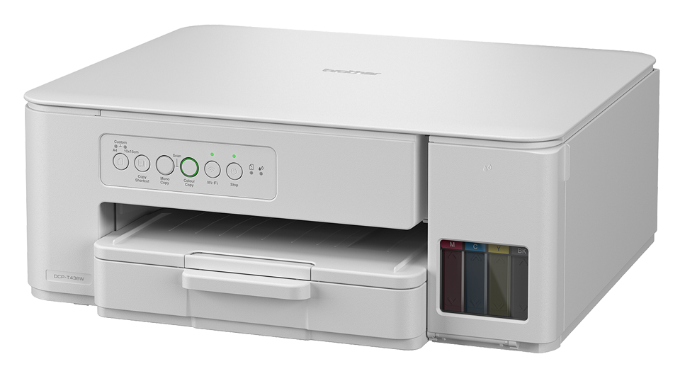 Biała drukarka Brother DCP-T436W. Posiada panel sterowania z przyciskami i tacę na papier. Zbiorniki z tuszem są widoczne po prawej stronie.