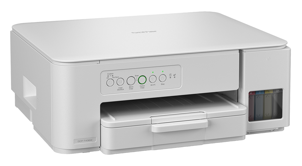 Biała drukarka Brother DCP-T426W. Funkcje: skanowanie, kopiowanie i Wi-Fi. Zbiorniki z tuszem widoczne po prawej.
