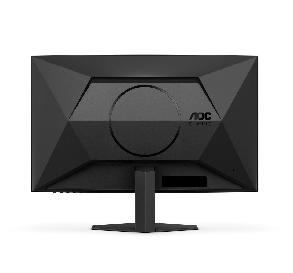 Egy fekete AOC gaming monitor hátulról. Van egy kör alakú design elem és egy állvány. Látható az AOC Gaming logó.