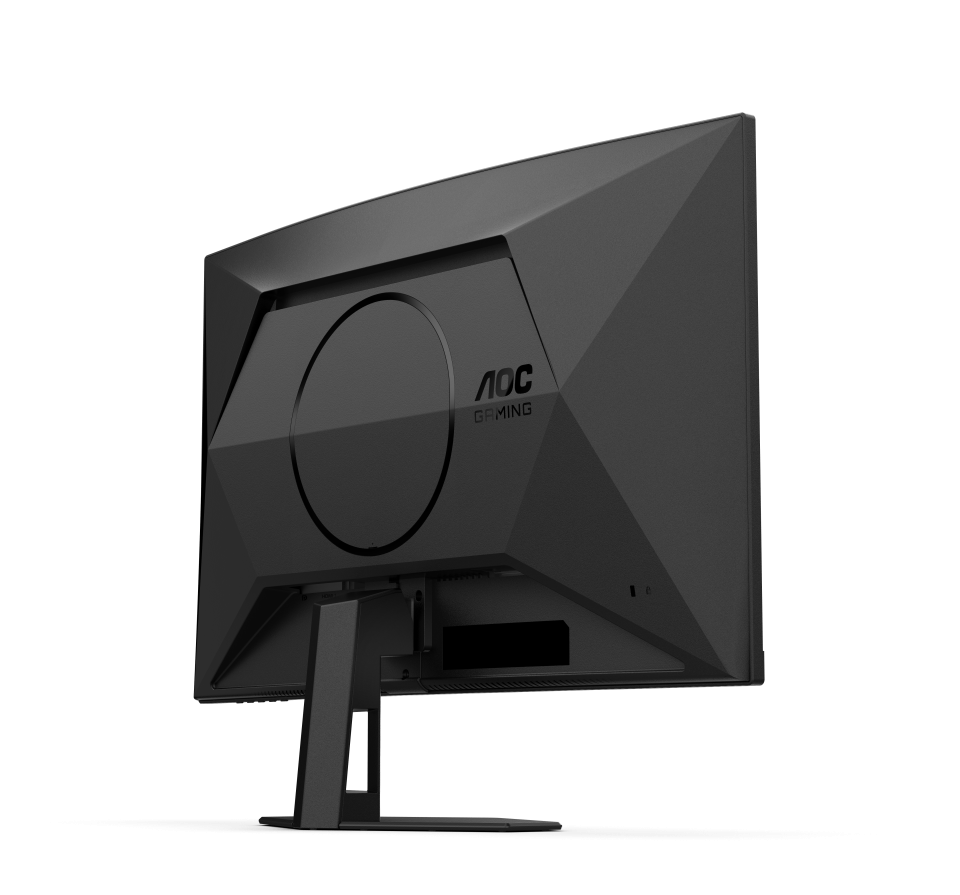 Egy fekete AOC gaming monitor hátulja. A monitor geometriai kialakítású. Az állvány fekete.