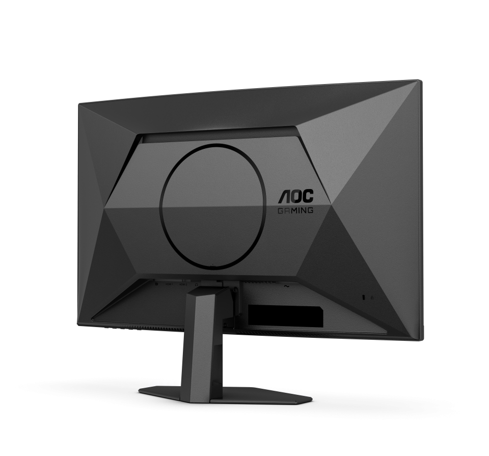 Fekete AOC gaming monitor hátulja. Geometrikus dizájnnal, kör alakú logóval és AOC Gaming márkajelzéssel.