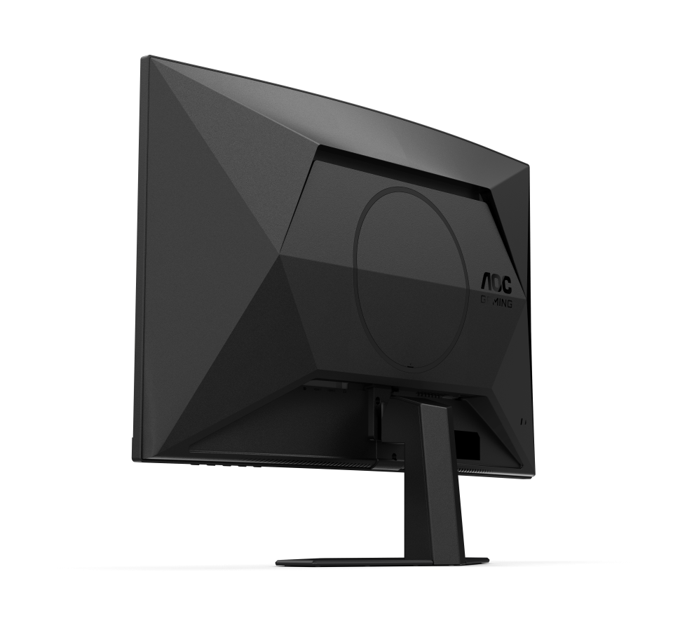 Egy fekete AOC gaming monitor hátulról, geometrikus dizájnnal, állvánnyal és AOC Gaming logóval, fekete háttérrel.
