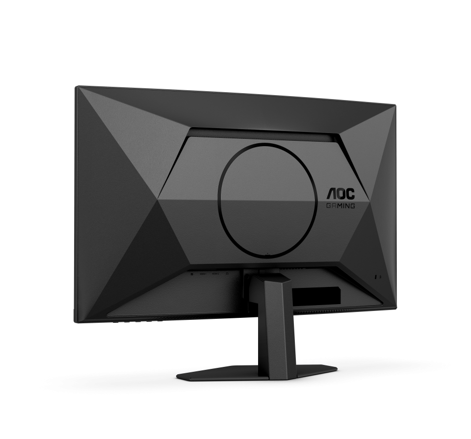Egy fekete AOC gaming monitor hátulja, kerek logóval és a 'GAMING' felirattal. A tartó és a portok láthatók.