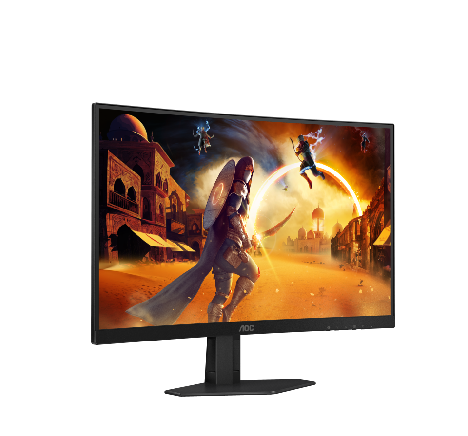 Az AOC monitor egy fantasy jelenetet jelenít meg, amelyen egy köpenyes harcos, repülő figurák és épületek láthatók egy sivatagi környezetben.