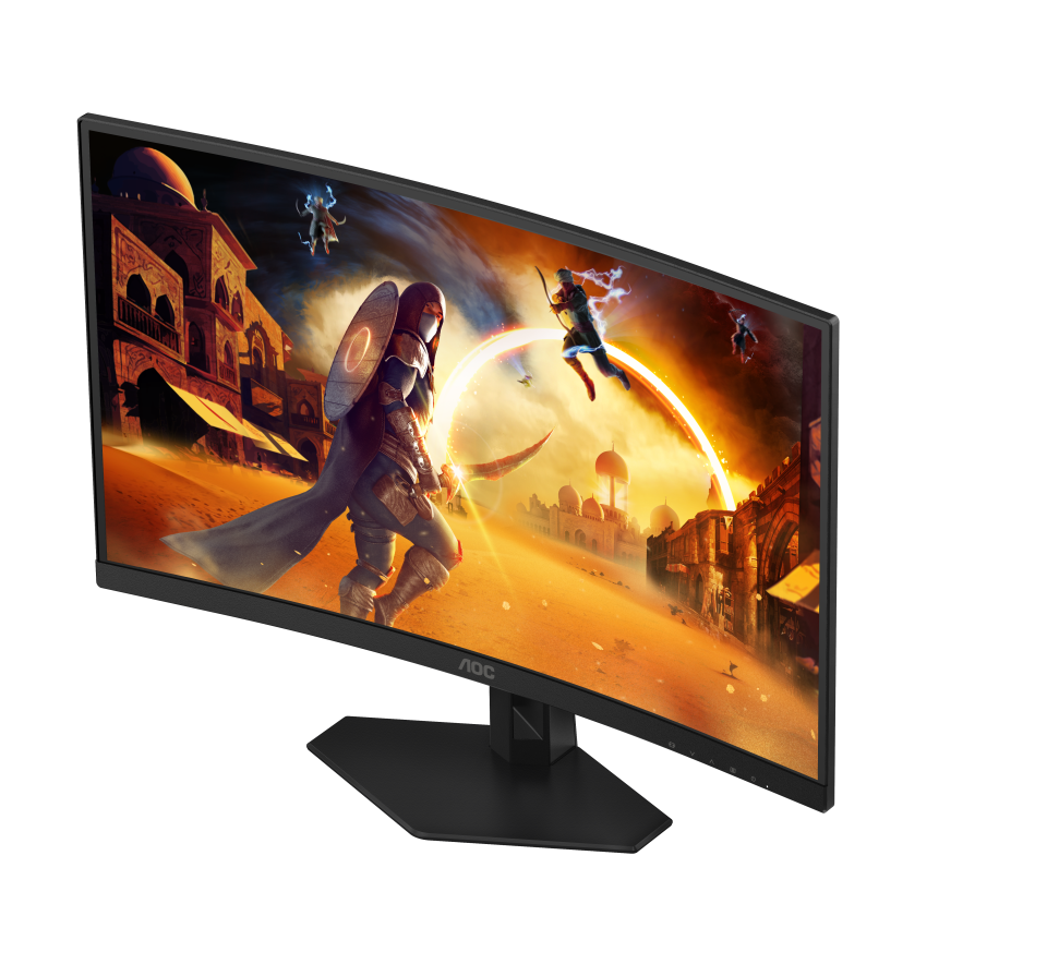 Egy ívelt monitor egy fantasy jelenetet jelenít meg harcossal, íjásszal és épületekkel. A monitor fekete állvánnyal és kerettel rendelkezik.