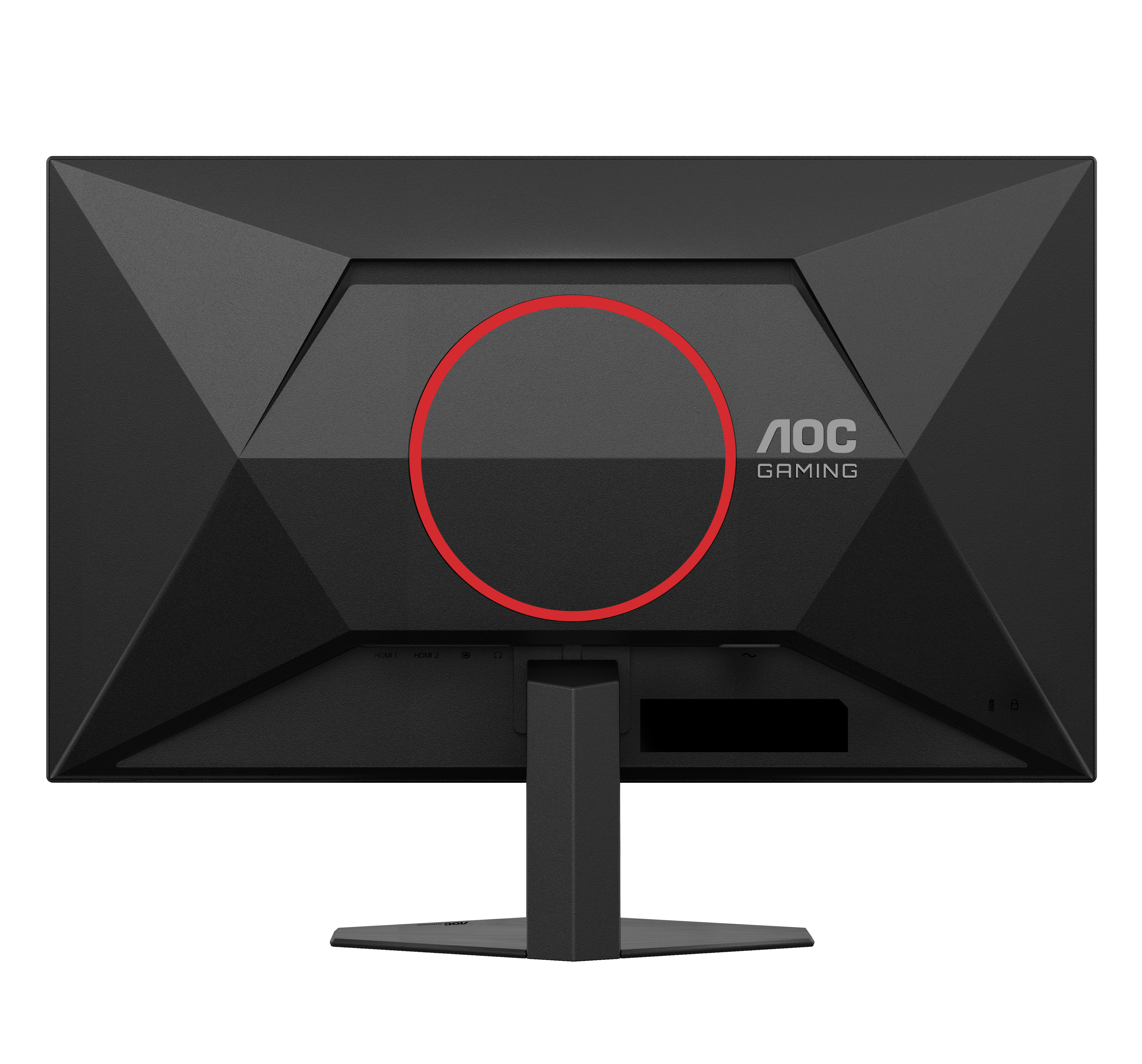 Fekete AOC gaming monitor hátulja piros körrel. A monitornak van állványa. Az AOC Gaming logó látható.