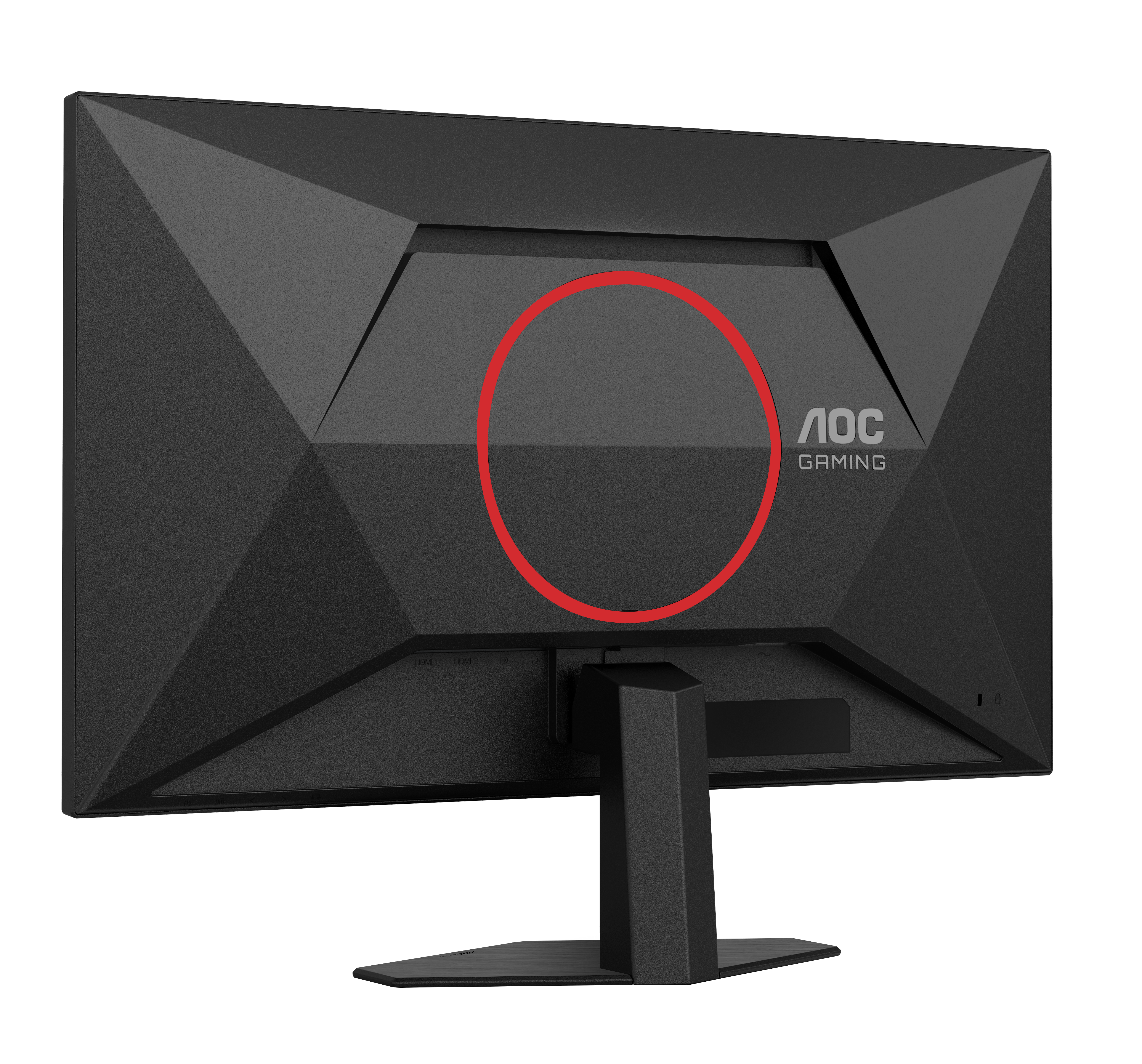 Egy fekete AOC gaming monitor hátulja, látható logóval. A tartó csatlakoztatva. Egy piros kör kiemeli a monitor egy részét.