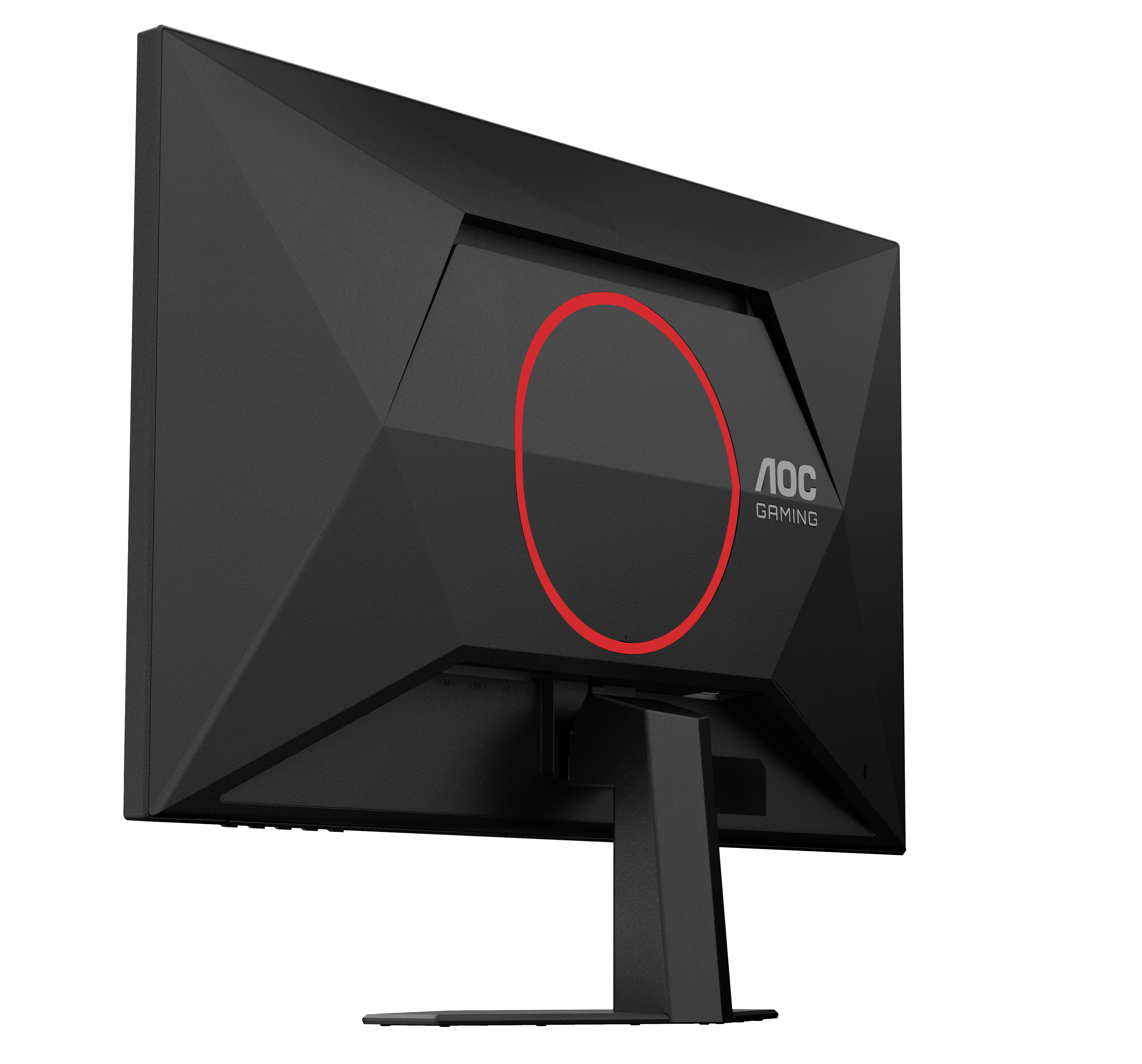 Egy fekete AOC gamer monitor hátulja, piros kör designnal, az AOC logó látható. Az állvány is fekete.