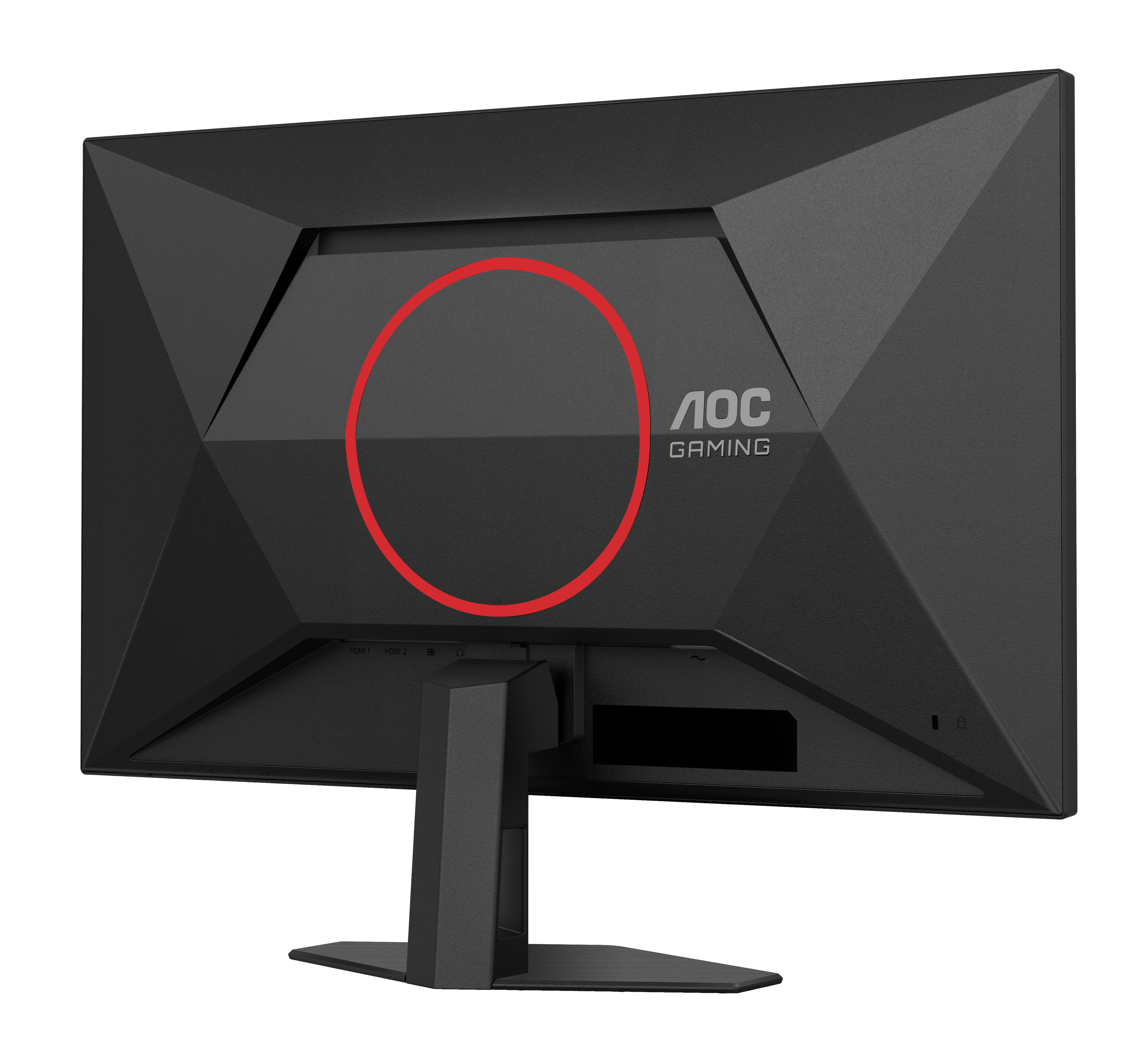Fekete AOC gaming monitor hátulja. Piros kör kiemel egy szakaszt. AOC logó és portok láthatók.