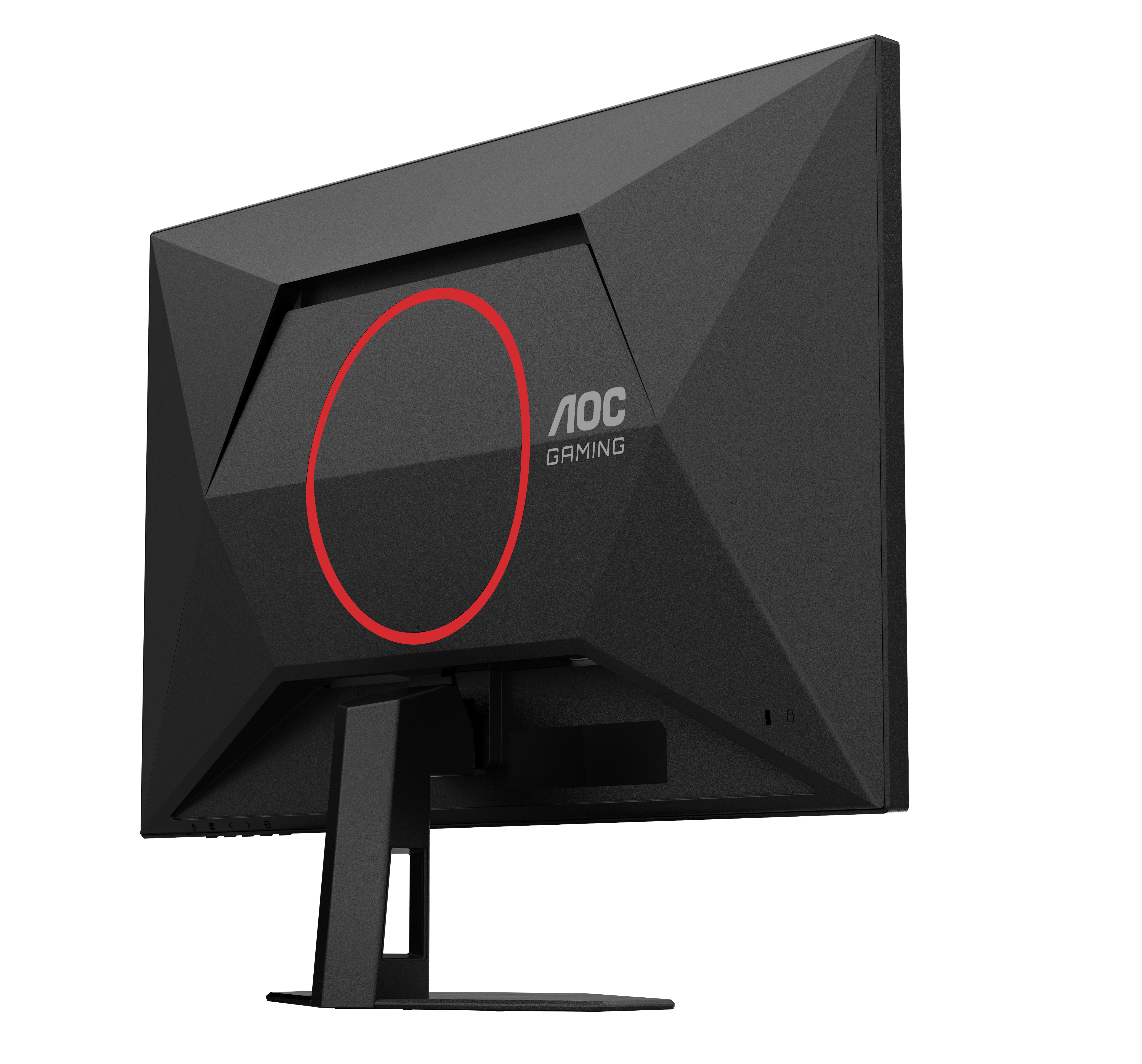 Fekete AOC gamer monitor. Piros kör és logó a hátulján. A monitor egy fekete állványon van.
