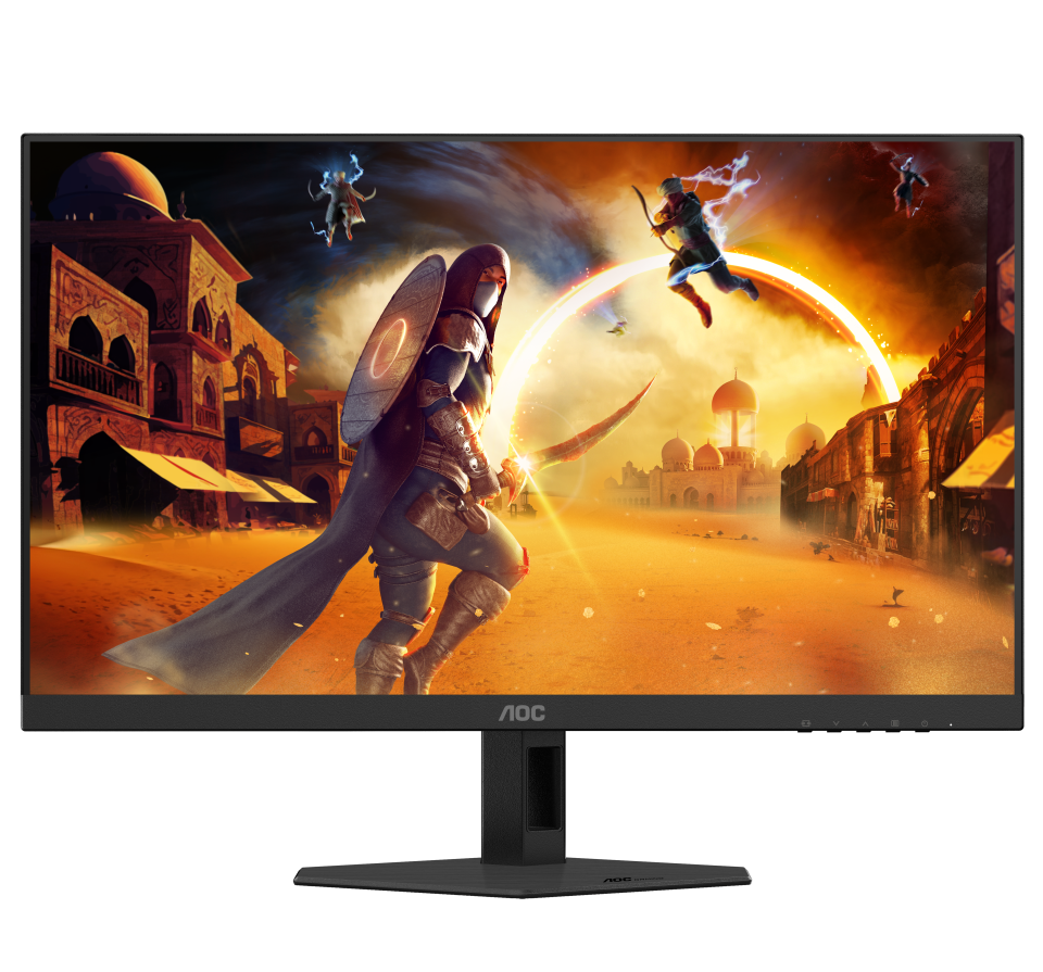 Az AOC monitor egy fantasy jelenetet mutat: karddal, pajzzsal rendelkező harcos, sivatagi város, íjász, varázshasználók és egy fényes, kör alakú portál.