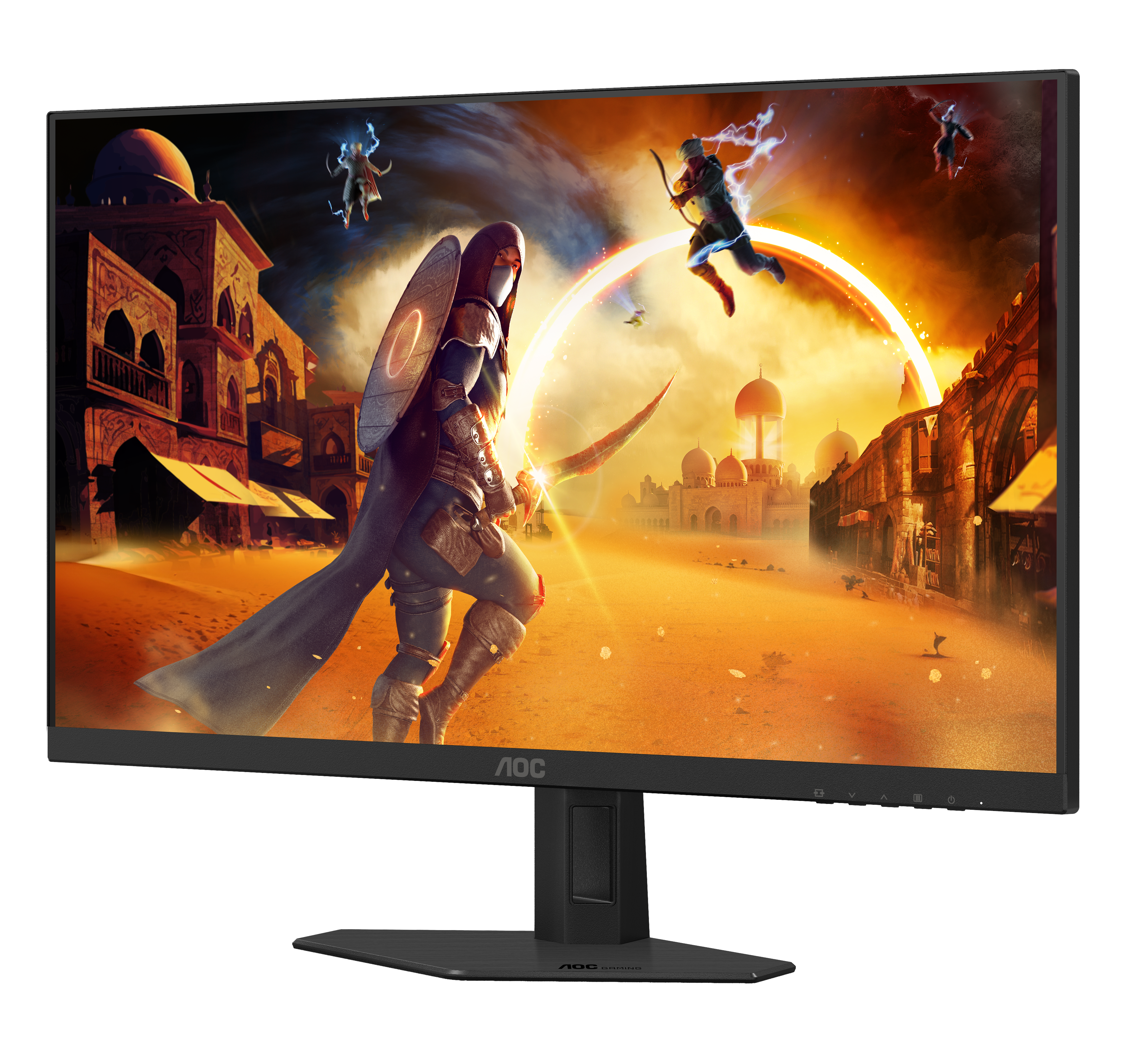 Az AOC monitor egy fantasy jelenetet jelenít meg: karddal harcoló harcos, íjász és épületek a sivatagban, élénk színekkel.